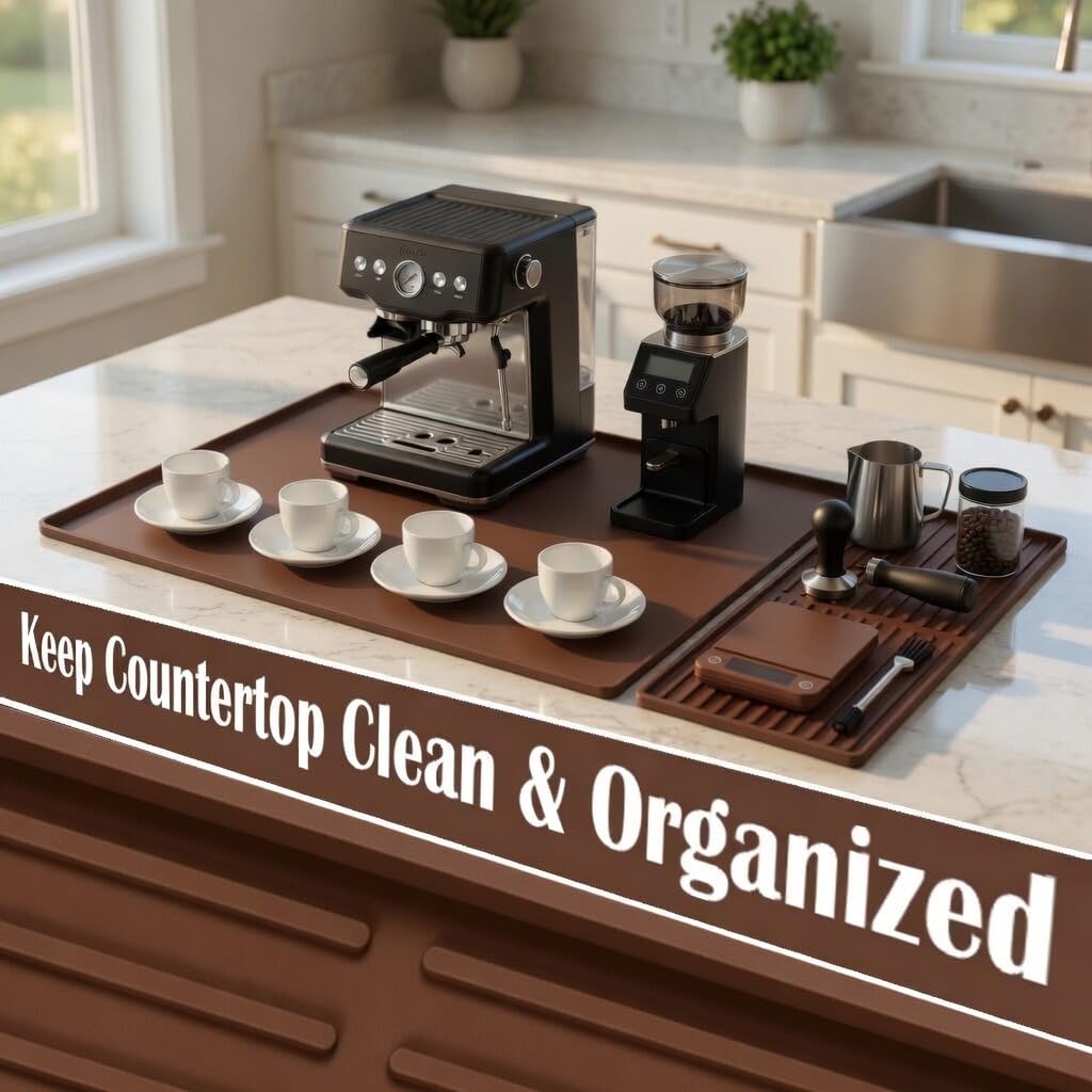 Silicone Coffee Bar Mat 24 x 16 in with Drying Tray, Classic Black | 24 x 16 in food-grade silicone mat for home/coffee bar; removable tray, raised rim, smooth base adds grip, heat insulation