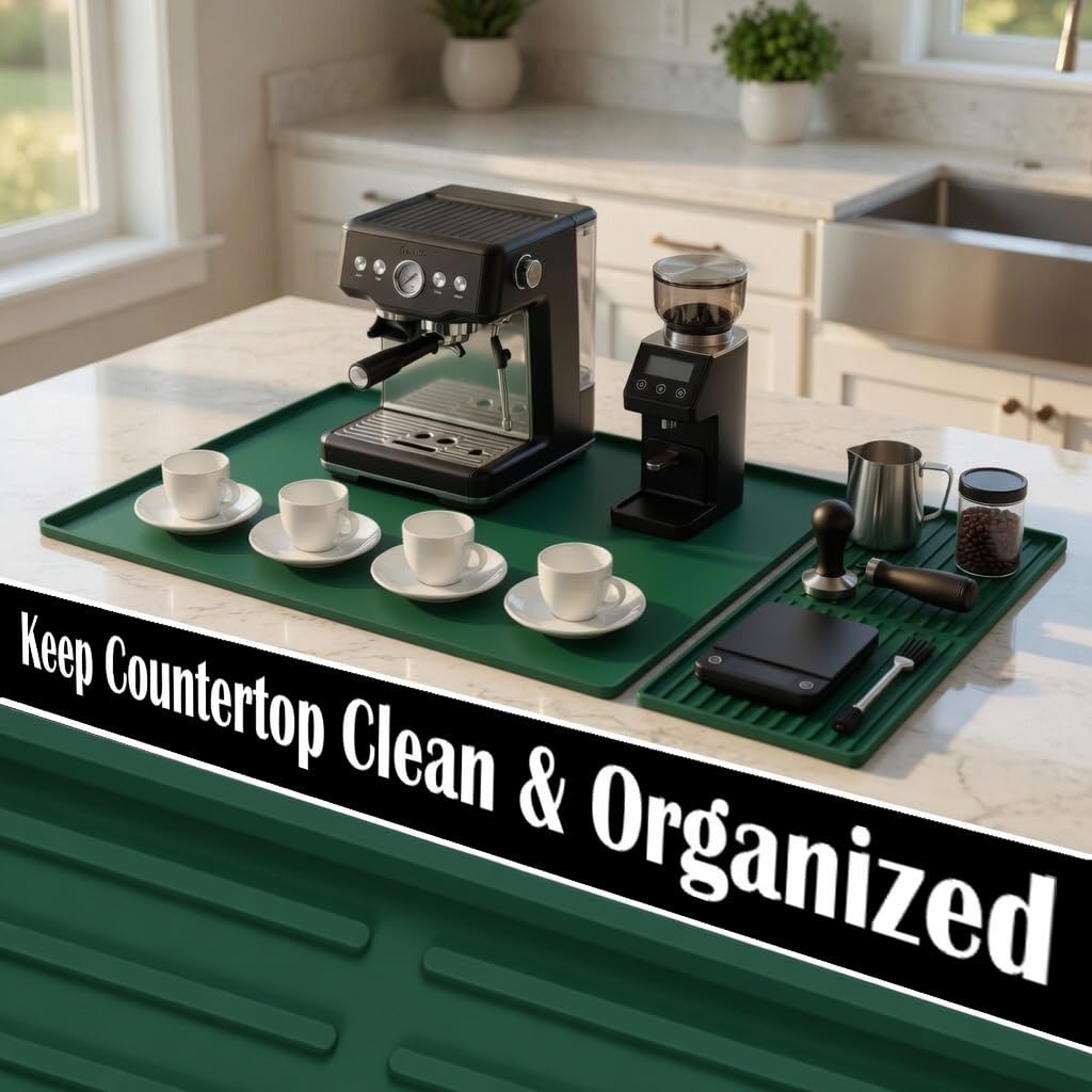 Silicone Coffee Bar Mat 24 x 16 in with Drying Tray, Classic Black | 24 x 16 in food-grade silicone mat for home/coffee bar; removable tray, raised rim, smooth base adds grip, heat insulation
