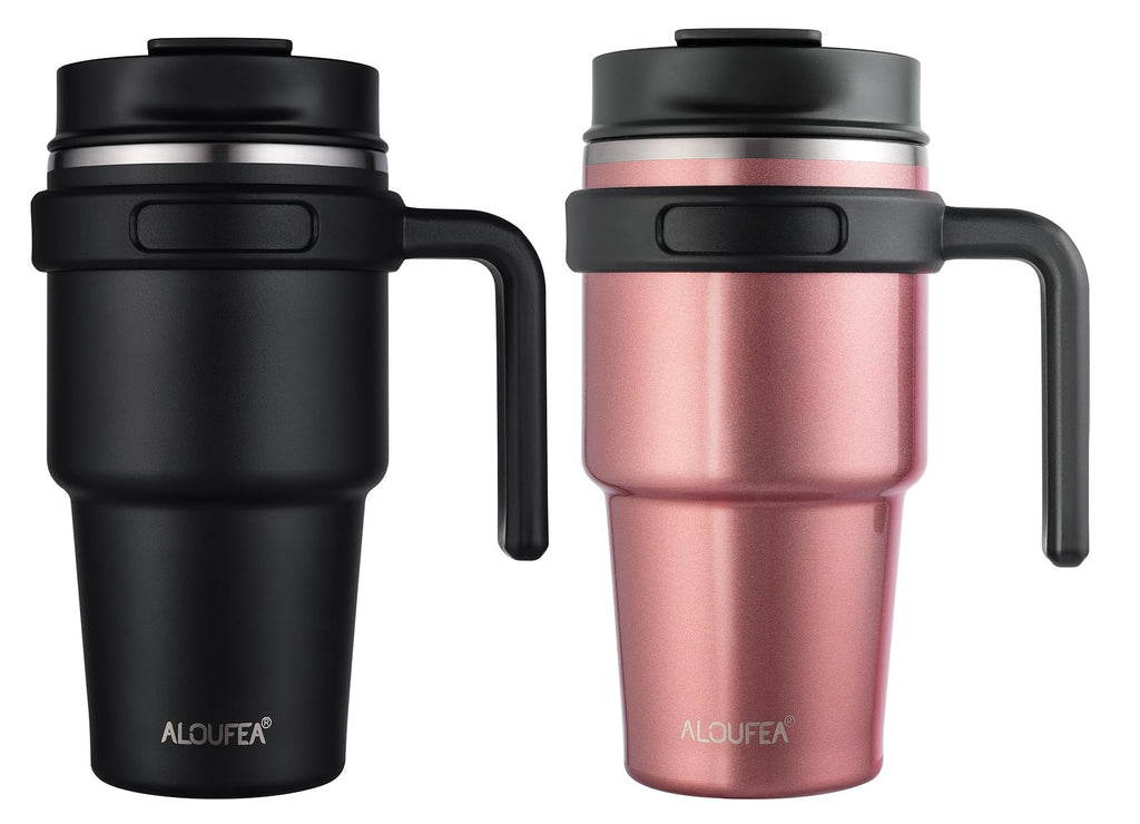 20 oz Insulated Coffee Mug Tumbler with Handle, Stainless Steel Travel Mug Tumbler with Lid and Straw,Double Wall Vacuum Leak Proof Ice Coffee Thermal Cup, Black