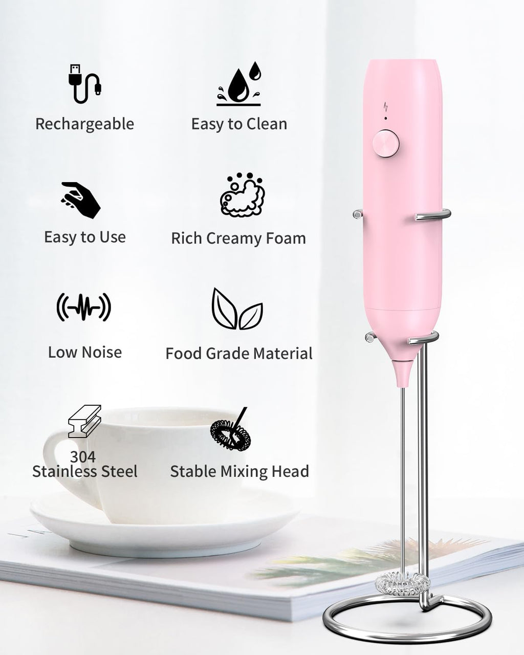 CIRCLE JOY Rechargeable Milk Frother Handheld with Stand, Dual Spring Whisk Head Electric Coffee Frother Foam Maker, Portable Drink Mixer for Cappuccino, Latte, Matcha, Black