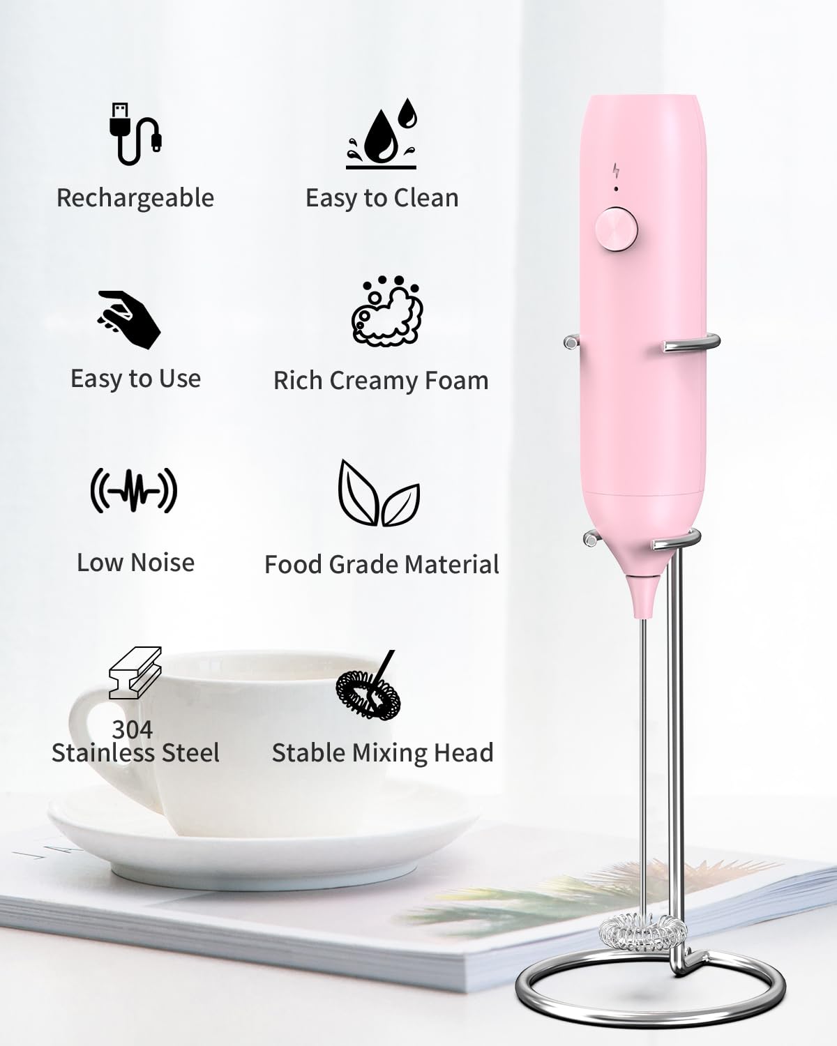 CIRCLE JOY Rechargeable Milk Frother Handheld with Stand, Dual Spring Whisk Head Electric Coffee Frother Foam Maker, Portable Drink Mixer for Cappuccino, Latte, Matcha, Black