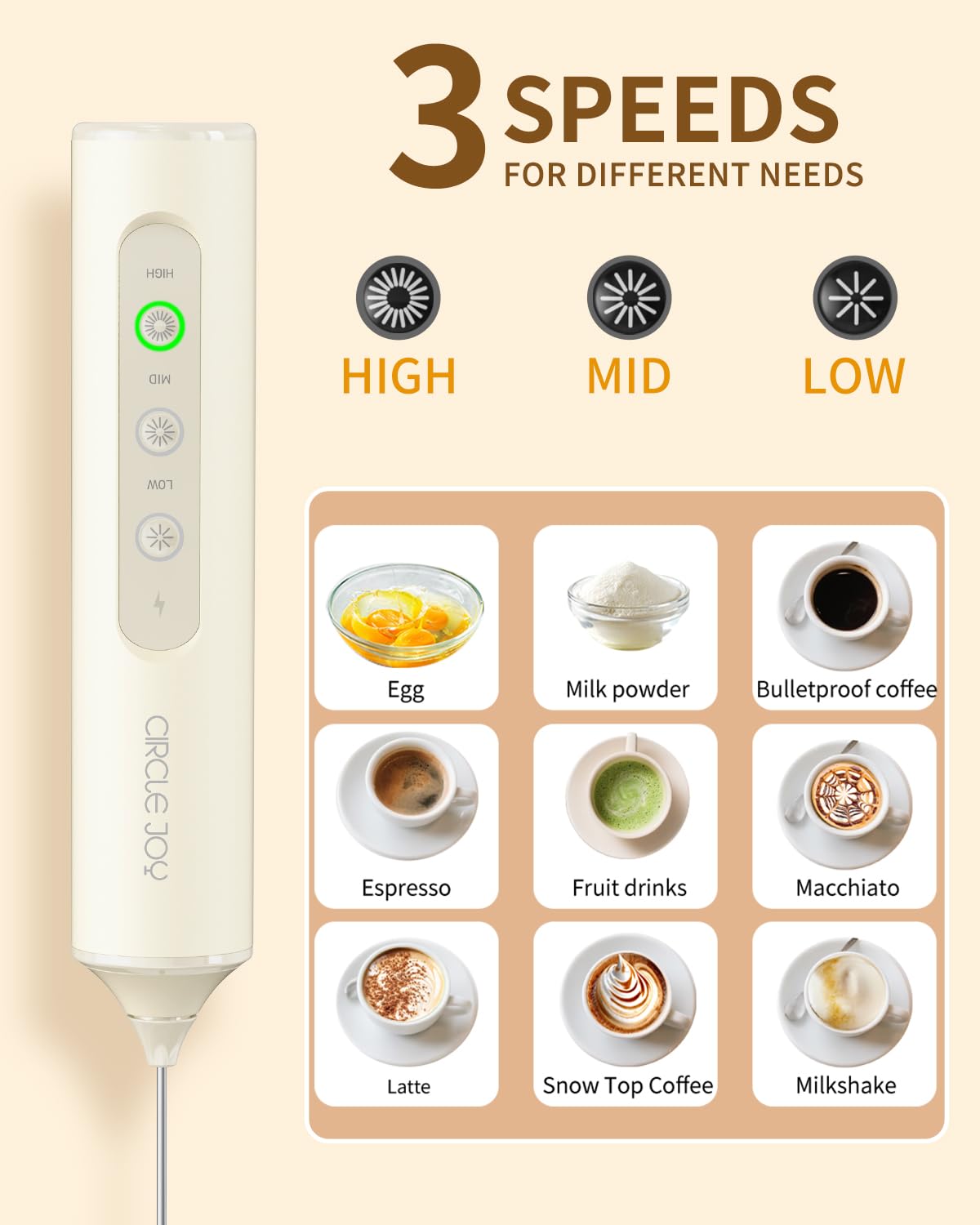 CIRCLE JOY Rechargeable Handheld Milk Frother Wand with 3 Variable Speeds, 3 Whisks and Storage Box, Electric Drink Mixer for Latte, Cappuccino, Hot Chocolate, Eggs and Protein Powder, Black