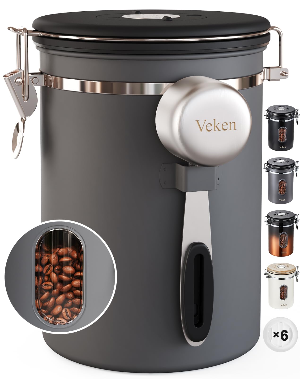 Veken Coffee Canister with Window,Airtight Stainless Steel Pantry Container,Home Kitchen Food Storage Organizers for Ground,Beans,Espresso,Rice,Tea,Sugar,Cereal, Decor,Bar Accessories,Gifts,22OZ,Black