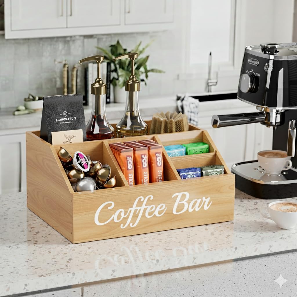 Coffee Station Organizer for Countertop – Wooden Coffee Bar Organizer with Adjustable Dividers,Holds K Cup Pod & syrup bottles, for Kitchen, Office, or Bar and Tea Station, Black