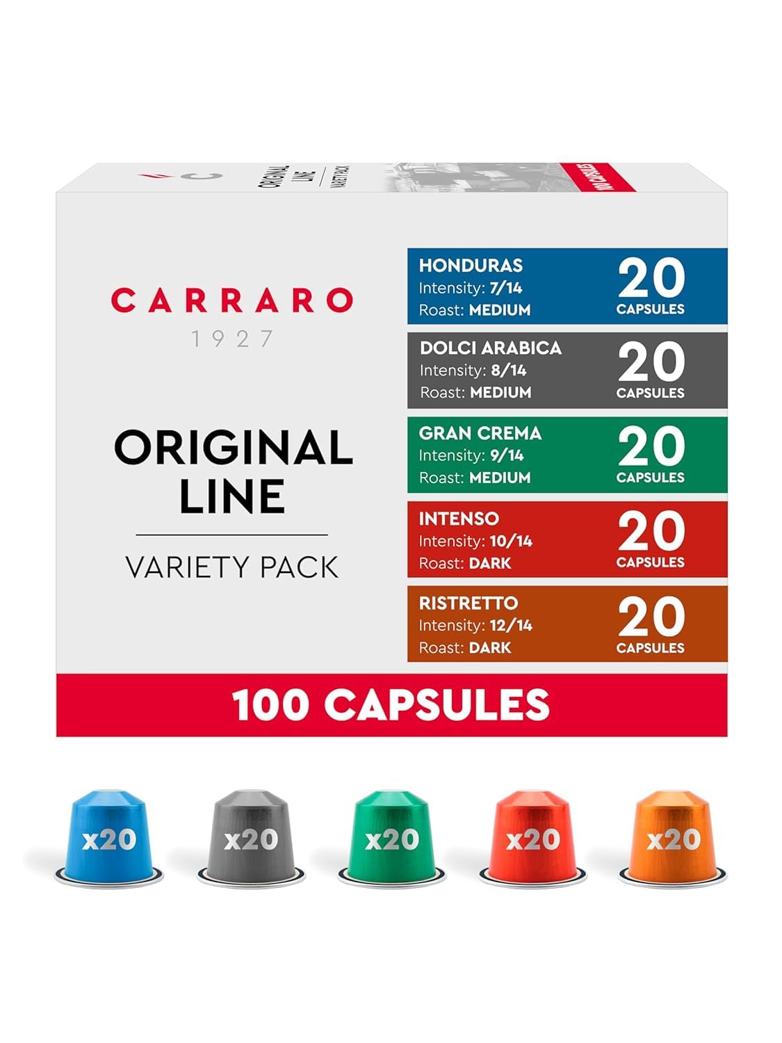 CARRARO Variety Pack - 100 Premium Espresso Pods Compatible with Nespresso Original Machines - Medium & Dark Roast Espresso Aluminum Capsules, 10 Packs - 100 Servings, Made in Italy