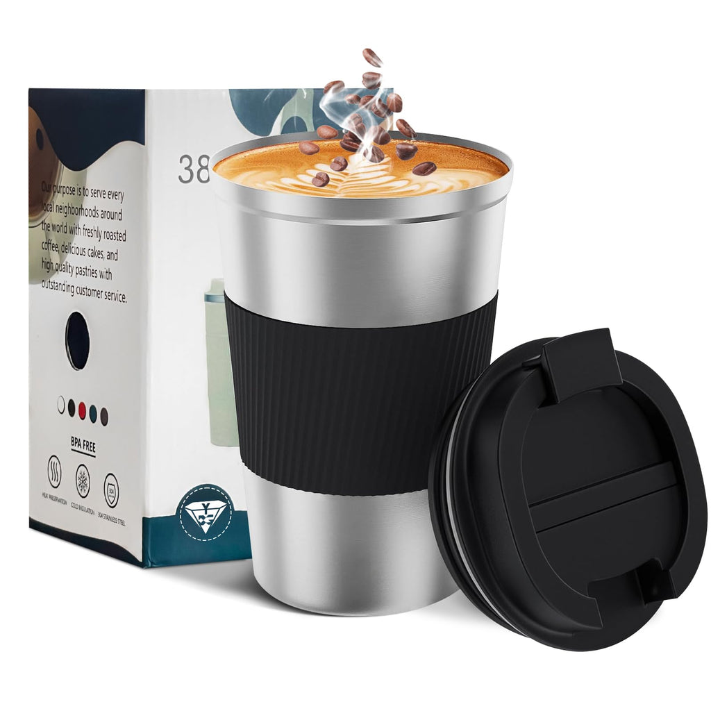 YINBAOGE Insulated Travel Coffee Mug, Spill & Leak Proof, Portable To Go Camping Stainless Steel Coffee Tumbler, Reusable Thermal Coffee Cup with Lid for Hot & Cold Drinks (Black, 12 OZ)