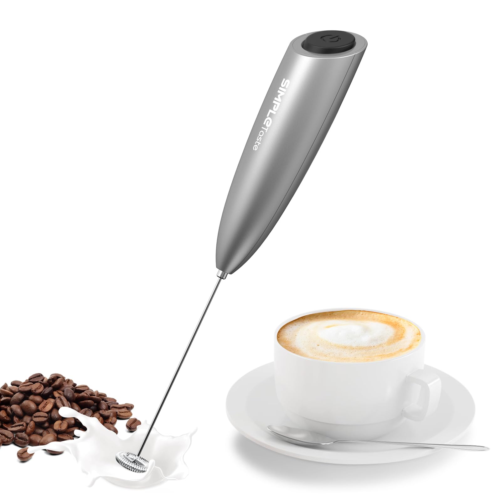 SIMPLETASTE Milk Frother Handheld Electric Foam Maker, Drink Mixer with Stainless Steel Whisk for Cappuccino, Bulletproof Coffee, Latte, Gray, with Stand, Battery Operated