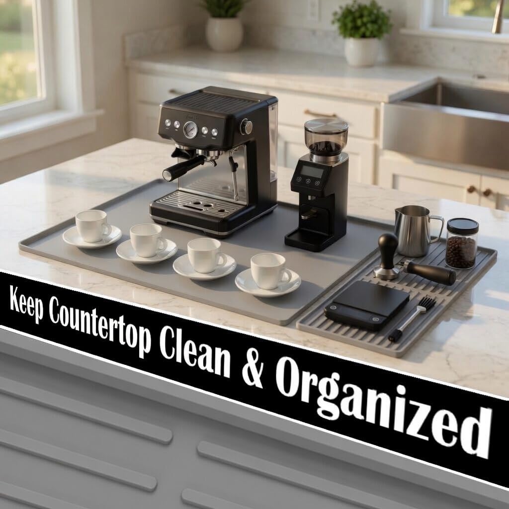 Silicone Coffee Bar Mat 24 x 16 in with Drying Tray, Classic Black | 24 x 16 in food-grade silicone mat for home/coffee bar; removable tray, raised rim, smooth base adds grip, heat insulation