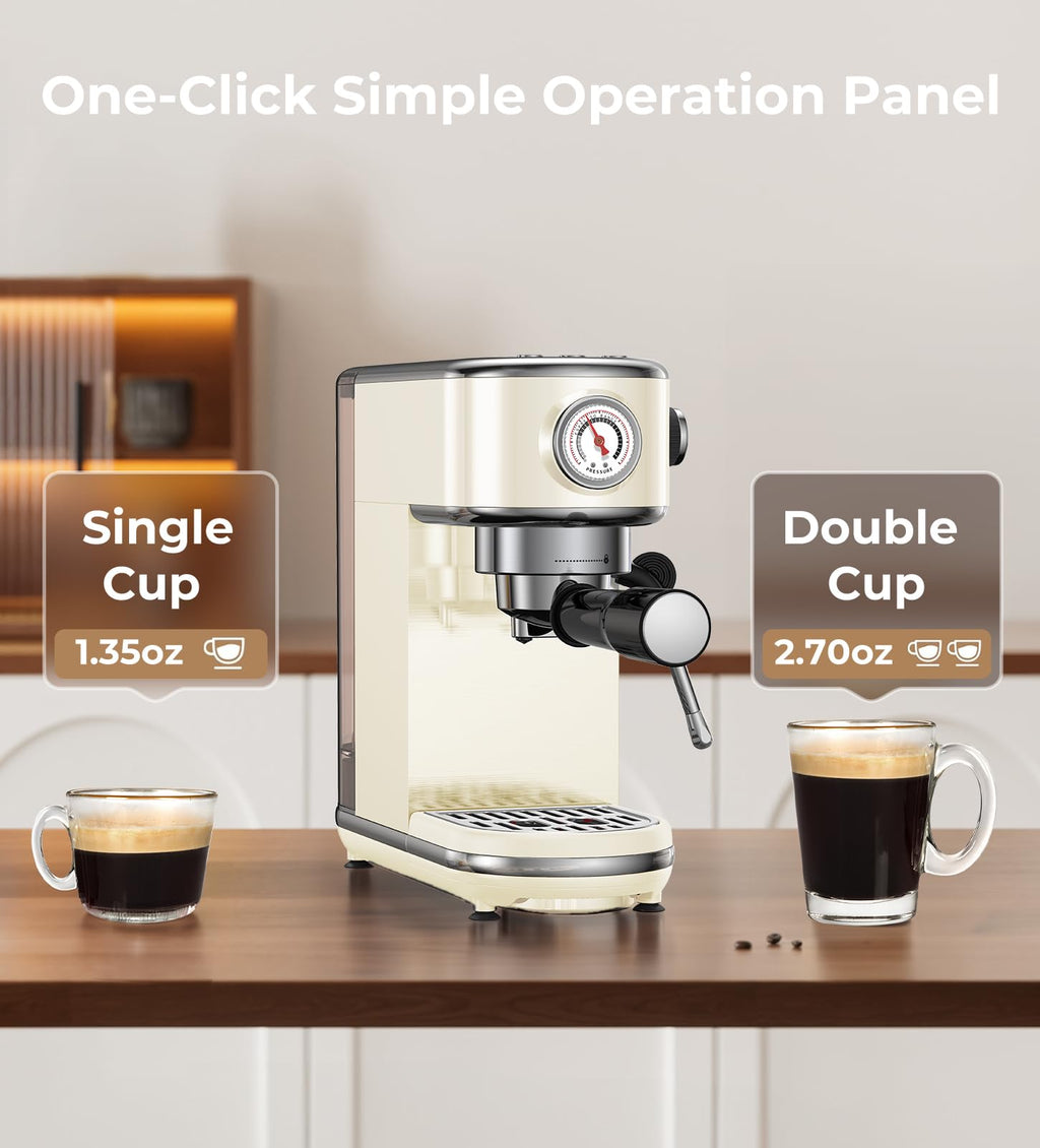 atatix Espresso Machine with Milk Frother, 20 Bar Pressure Espresso Maker, with 44OZ Removable Tank, Compact Stainless Steel Coffee Machine for Home, Office, Latte, Cappuccino, Macchiato, Silver