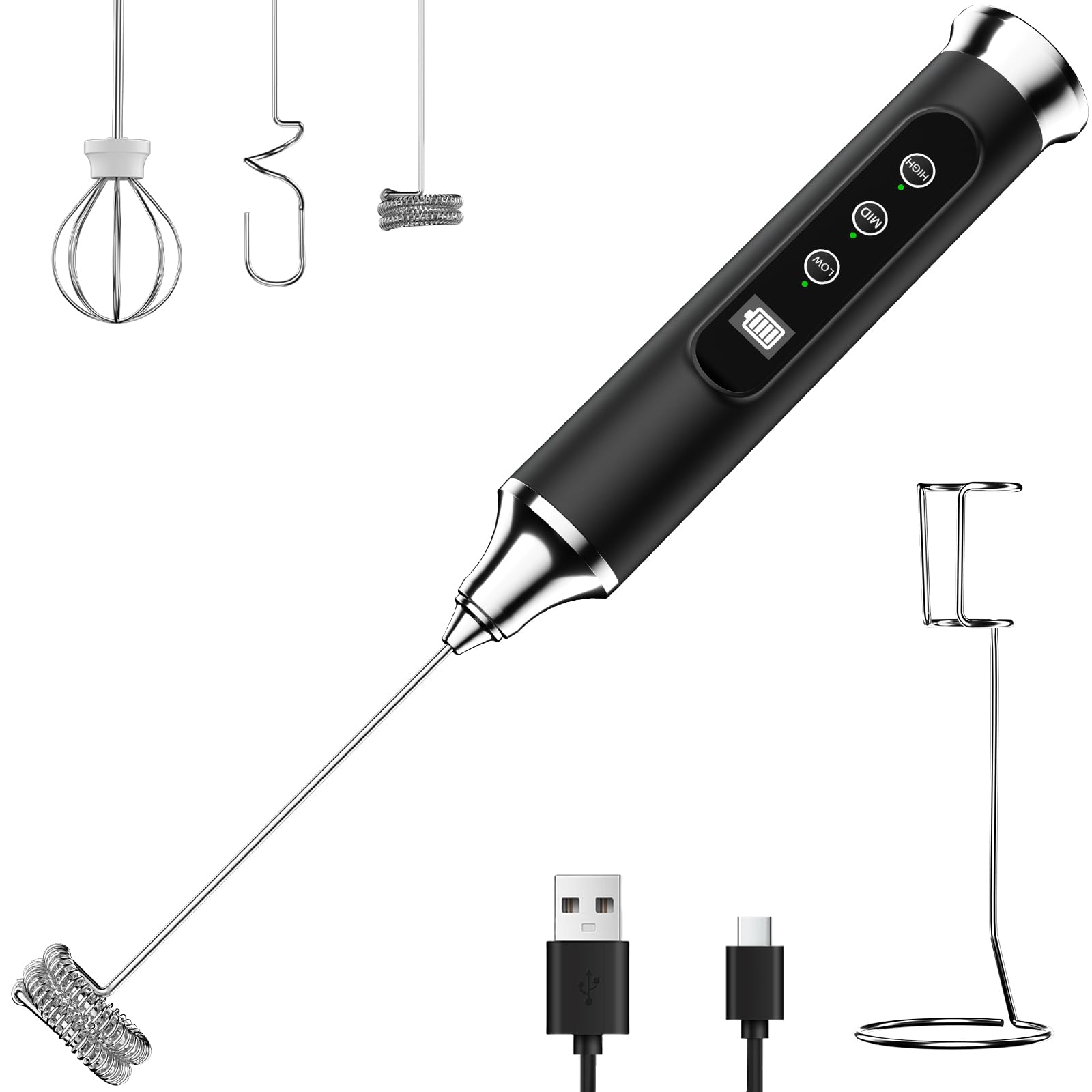 YUSWKO Milk Frother Wand for Coffee, Handheld Coffee Frother, Rechargeable Drink Mixer, Waterproof Electric Whisk, Black