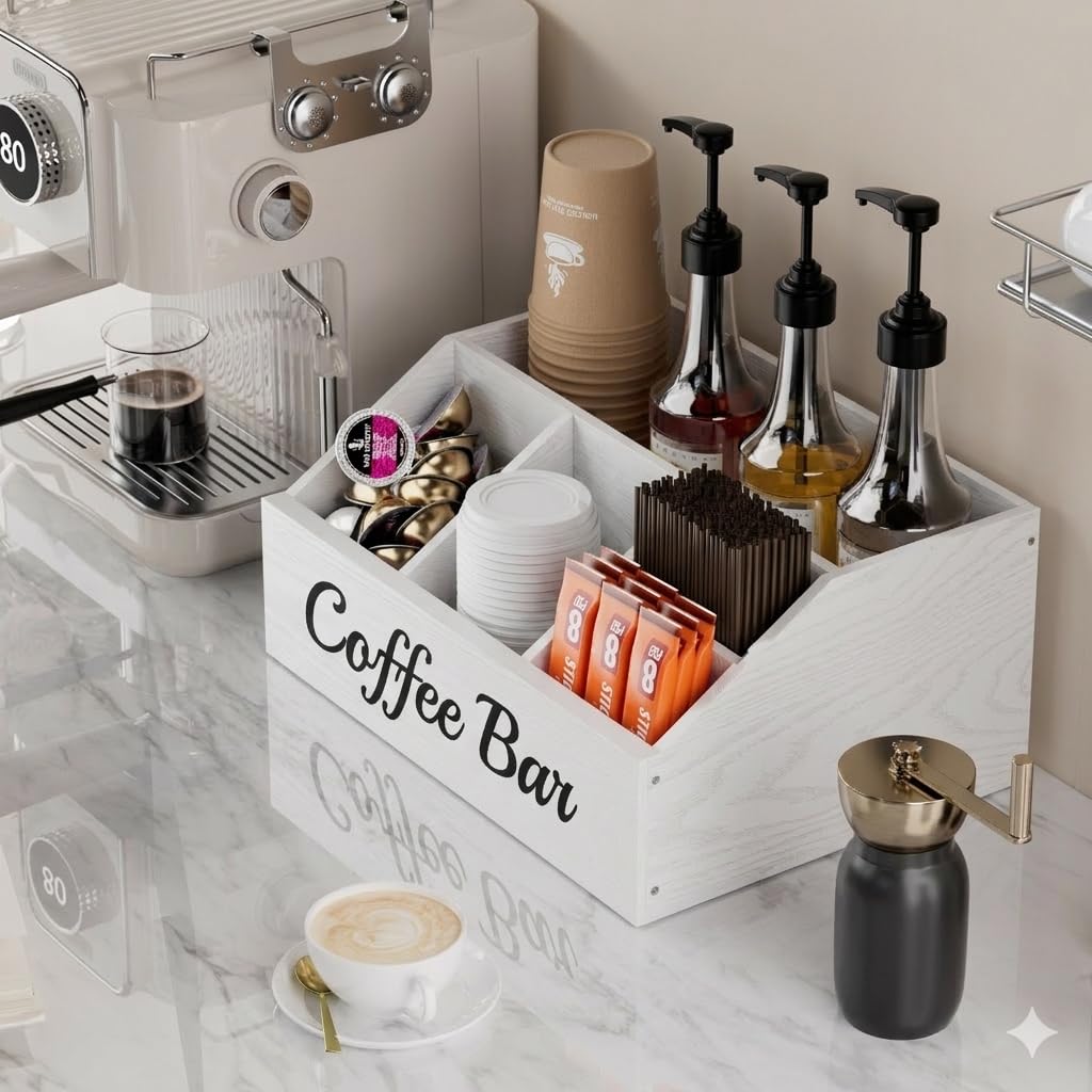 Coffee Station Organizer for Countertop – Wooden Coffee Bar Organizer with Adjustable Dividers,Holds K Cup Pod & syrup bottles, for Kitchen, Office, or Bar and Tea Station, Black