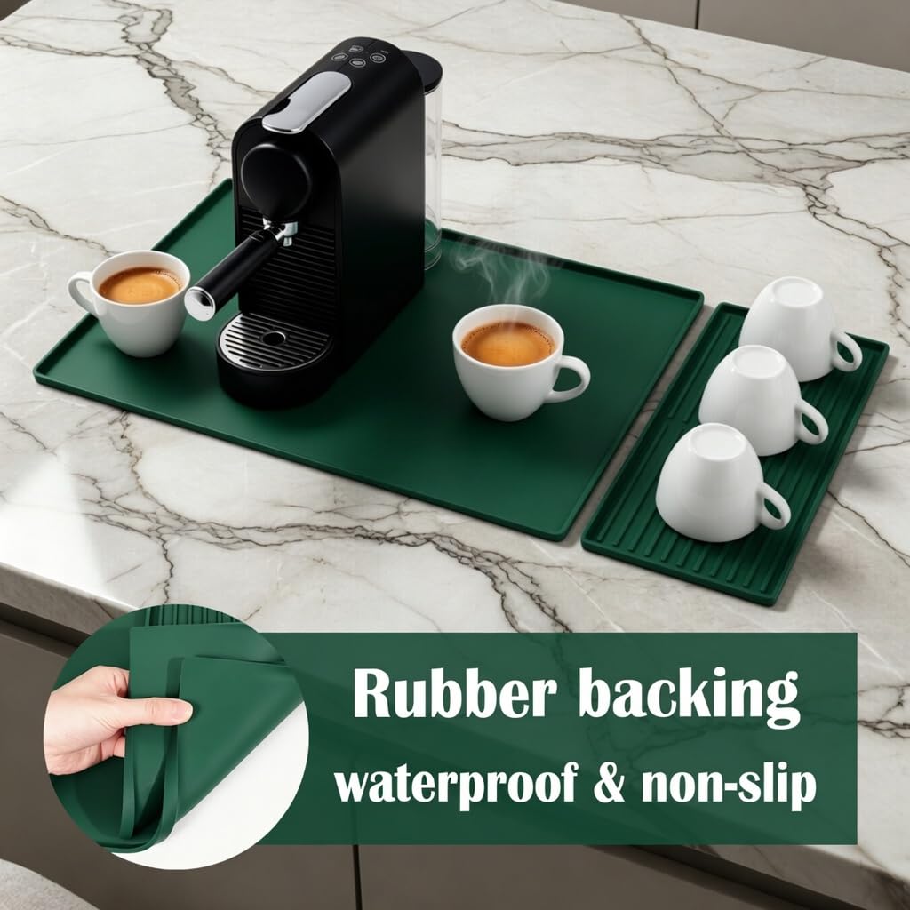 Silicone Coffee Bar Mat 24 x 16 in with Drying Tray, Classic Black | 24 x 16 in food-grade silicone mat for home/coffee bar; removable tray, raised rim, smooth base adds grip, heat insulation