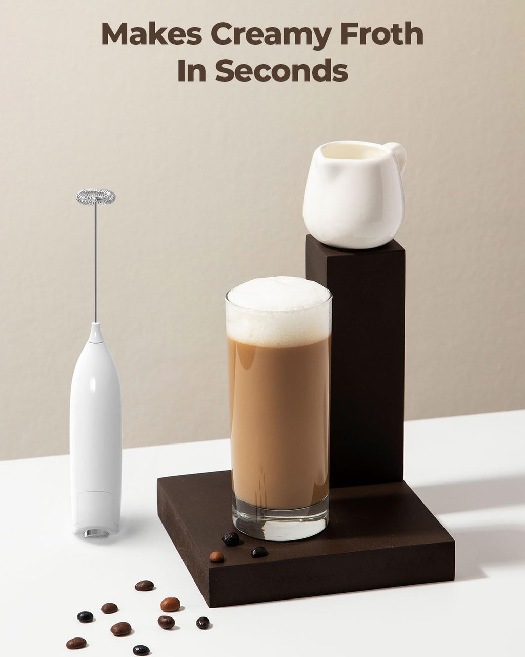 SIMPLETASTE Milk Frother Handheld Electric Foam Maker, Drink Mixer with Stainless Steel Whisk for Cappuccino, Bulletproof Coffee, Latte, Gray, with Stand, Battery Operated