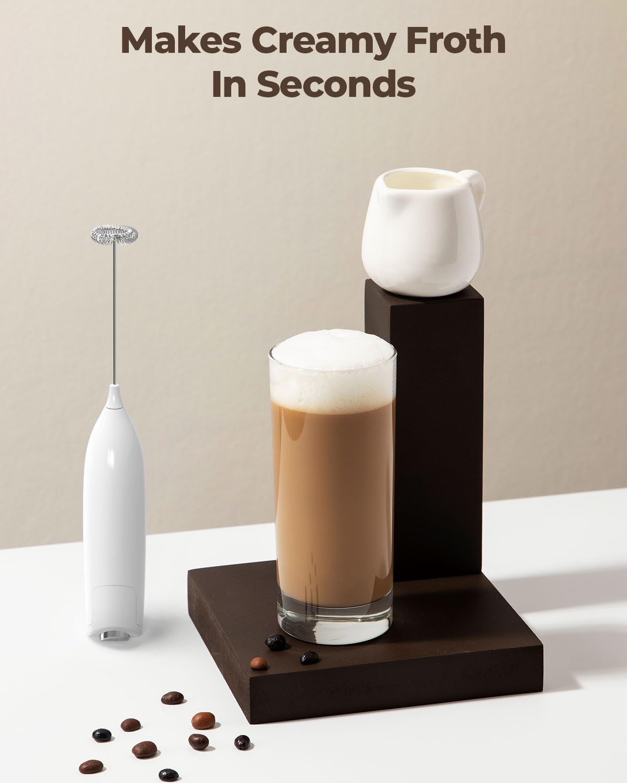 SIMPLETASTE Milk Frother Handheld Electric Foam Maker, Drink Mixer with Stainless Steel Whisk for Cappuccino, Bulletproof Coffee, Latte, Gray, with Stand, Battery Operated