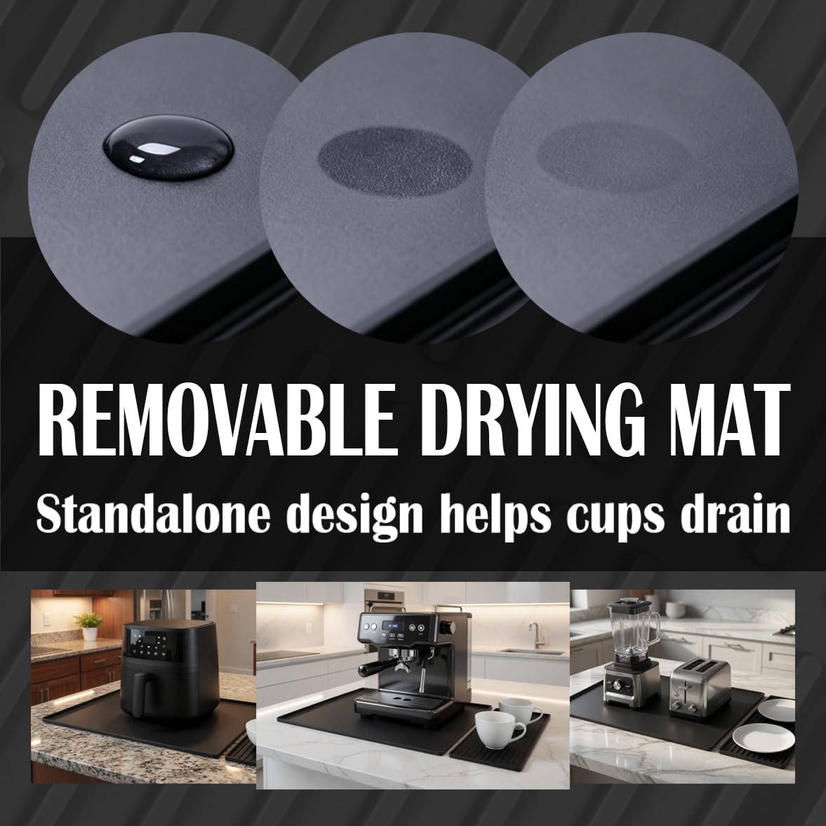 Silicone Coffee Bar Mat 24 x 16 in with Drying Tray, Classic Black | 24 x 16 in food-grade silicone mat for home/coffee bar; removable tray, raised rim, smooth base adds grip, heat insulation