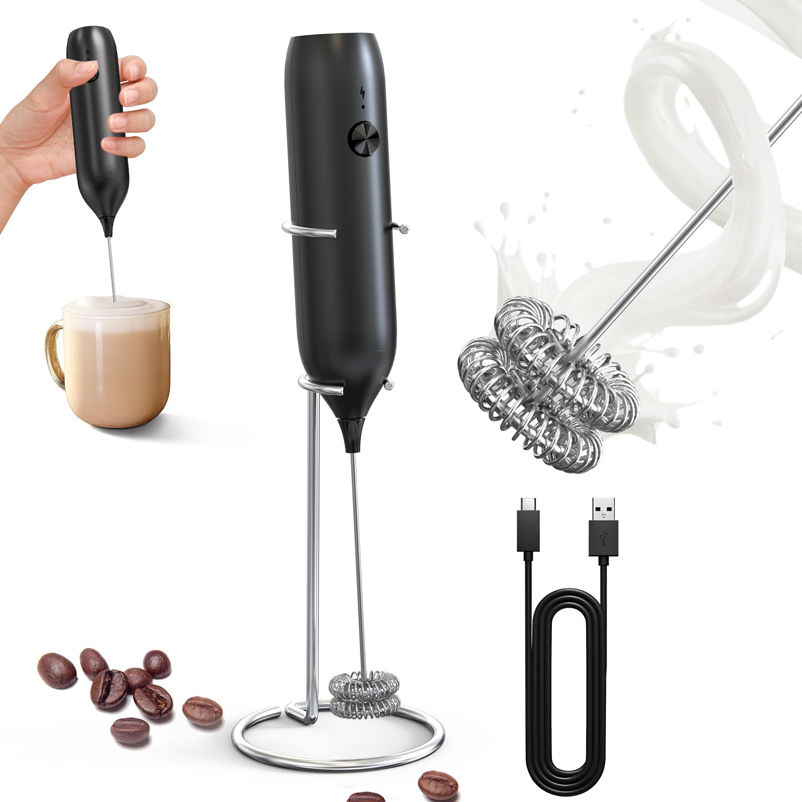 CIRCLE JOY Rechargeable Milk Frother Hanheld, Dual Coil Whisk Head Electric Coffee Frother, Portable Hand Frother Wand Drink Mixer for Matcha Lattes Cappuccino, Kitchen Gifts, Black