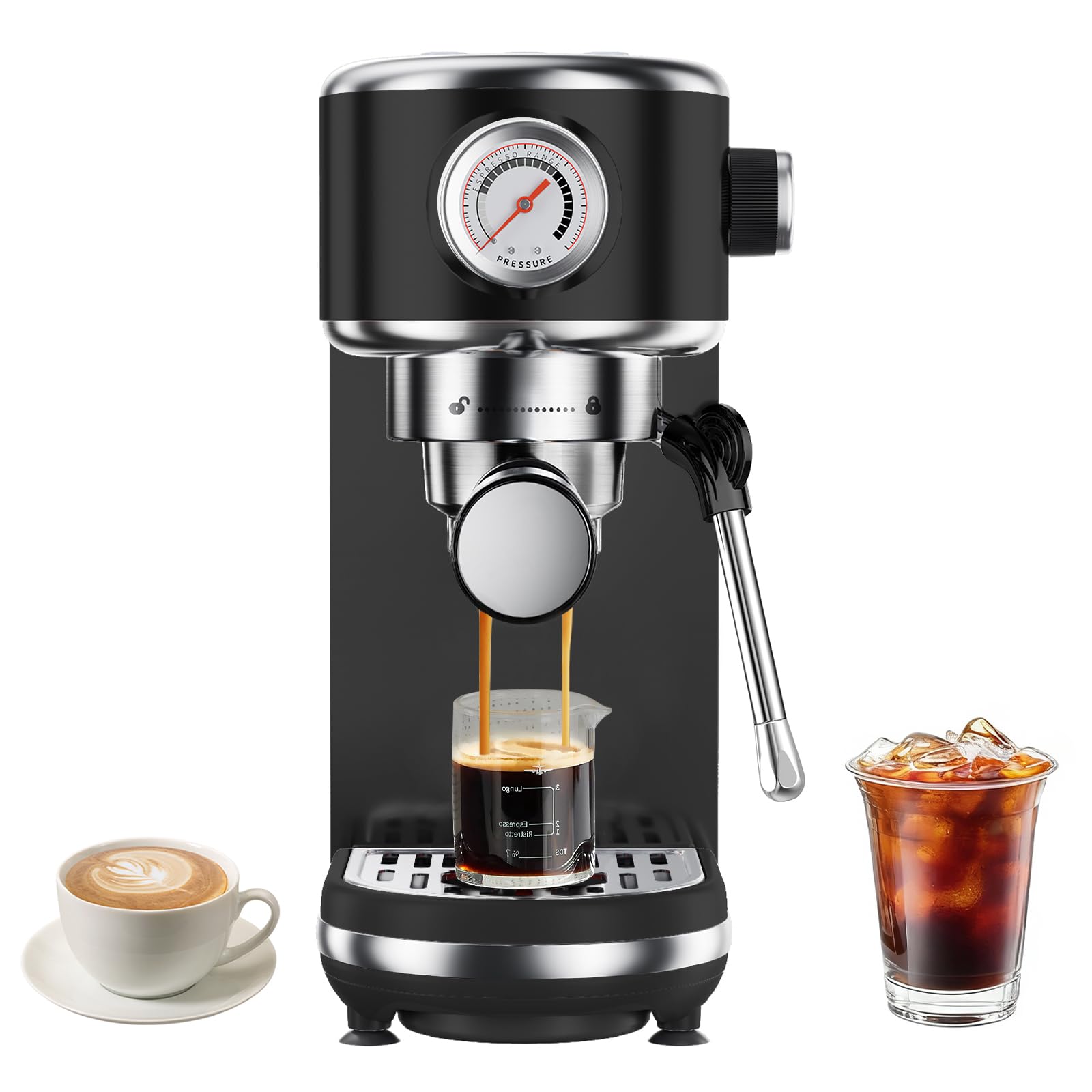 atatix Espresso Machine with Milk Frother, 20 Bar Pressure Espresso Maker, with 44OZ Removable Tank, Compact Stainless Steel Coffee Machine for Home, Office, Latte, Cappuccino, Macchiato, Silver