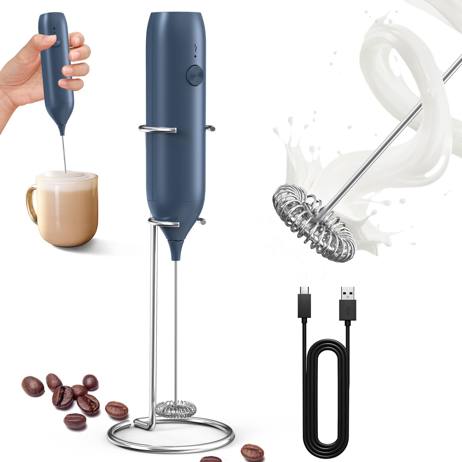 CIRCLE JOY Rechargeable Milk Frother Hanheld, Dual Coil Whisk Head Electric Coffee Frother, Portable Hand Frother Wand Drink Mixer for Matcha Lattes Cappuccino, Kitchen Gifts, Black