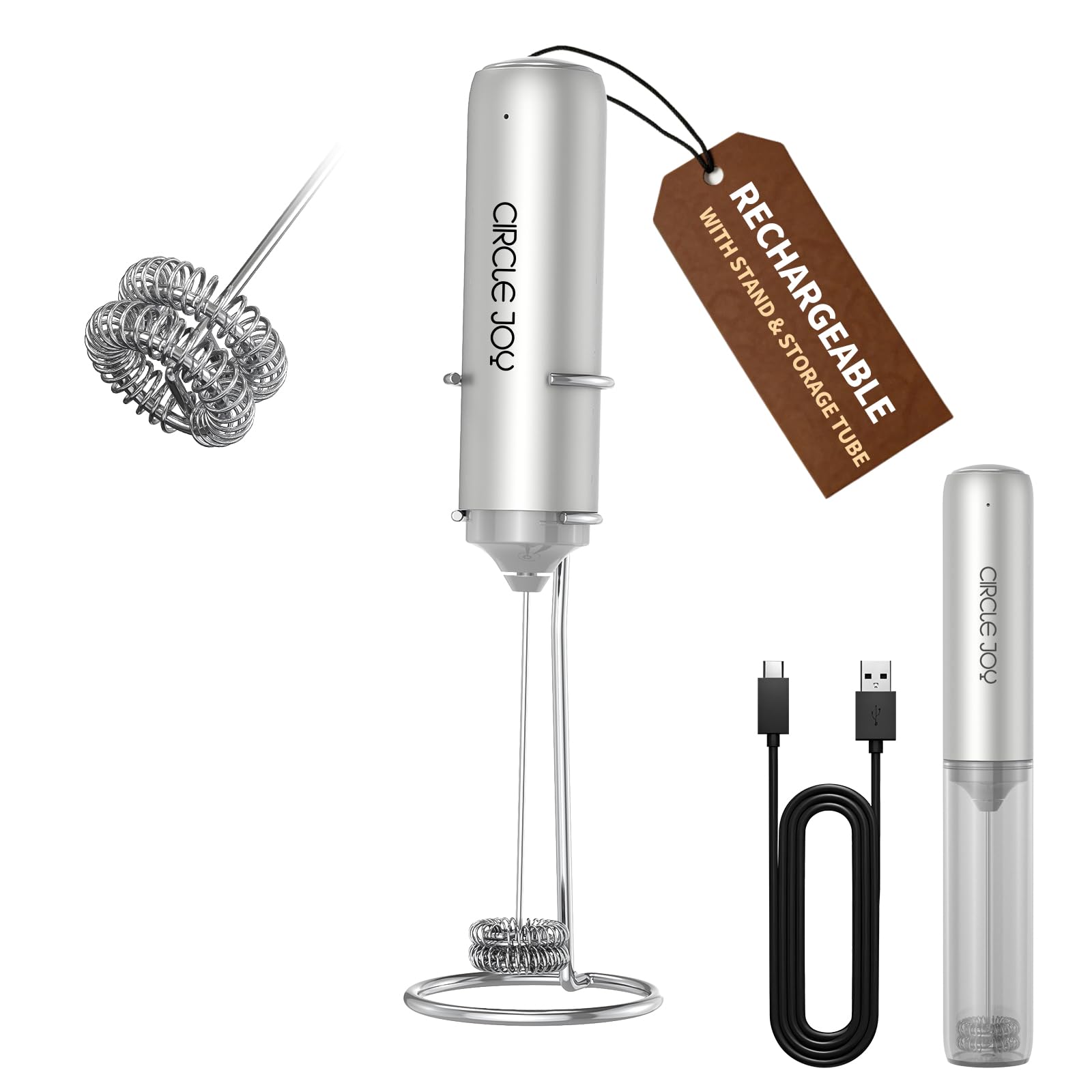CIRCLE JOY Rechargeable Milk Frother Hanheld, Dual Coil Whisk Head Electric Coffee Frother, Portable Hand Frother Wand Drink Mixer for Matcha Lattes Cappuccino, Kitchen Gifts, Black