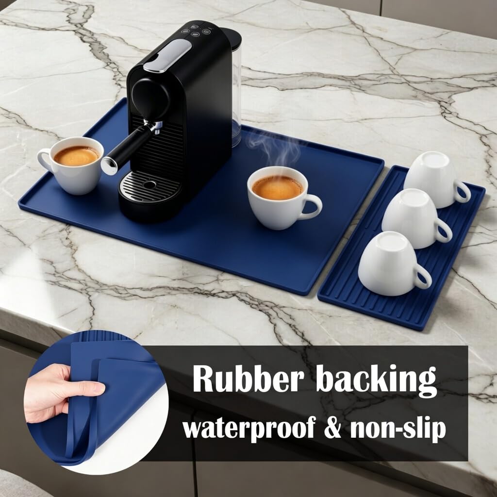Silicone Coffee Bar Mat 24 x 16 in with Drying Tray, Classic Black | 24 x 16 in food-grade silicone mat for home/coffee bar; removable tray, raised rim, smooth base adds grip, heat insulation