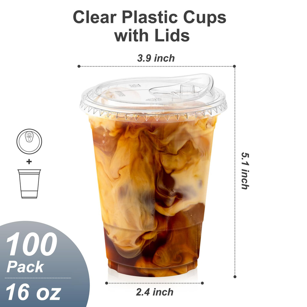 Dealusy 100 Pack - 20 oz Clear Plastic Cups with Lids, Sturdy & Food Safe Iced Coffee Cups with lids, Disposable Plastic Smoothie Cups for Cold Drinks, Sip Lids