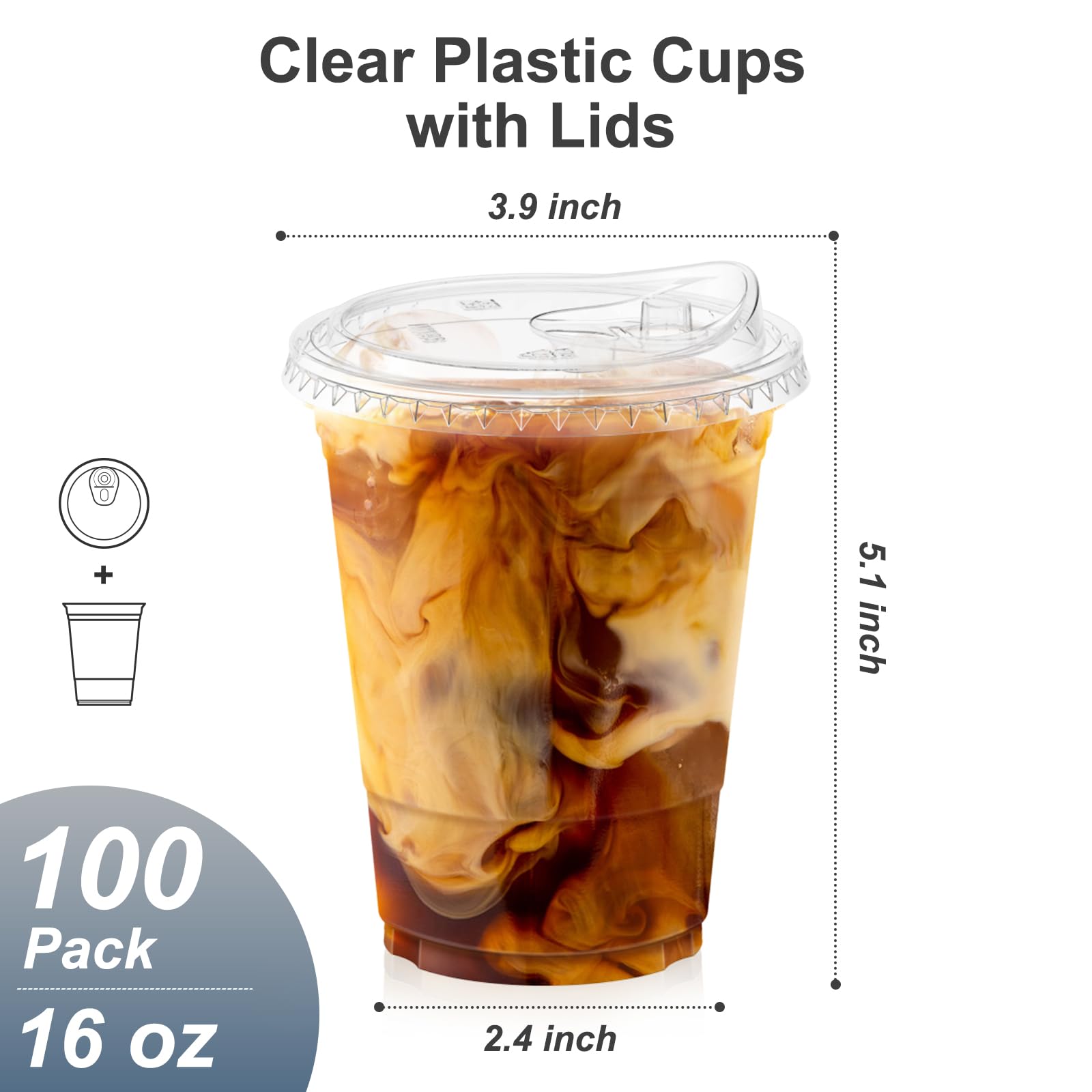 Dealusy 100 Pack - 20 oz Clear Plastic Cups with Lids, Sturdy & Food Safe Iced Coffee Cups with lids, Disposable Plastic Smoothie Cups for Cold Drinks, Sip Lids