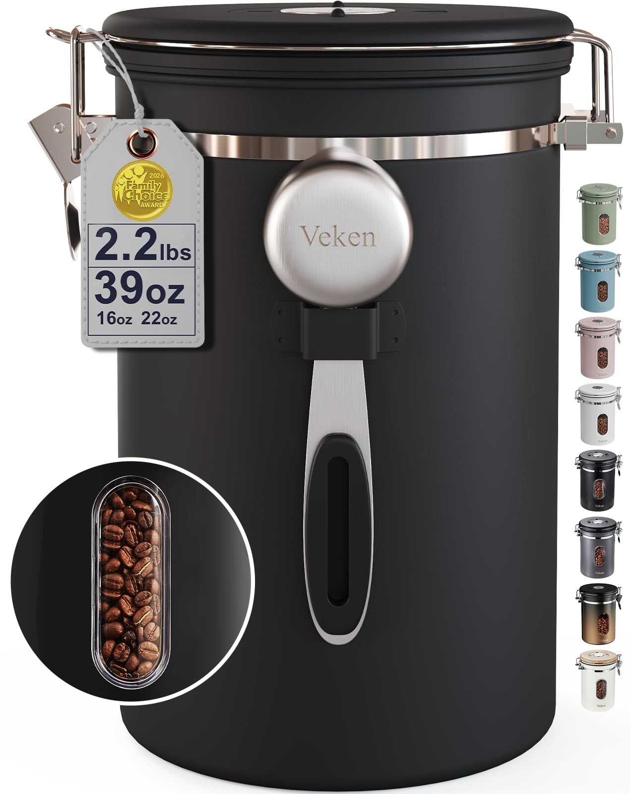 Veken Coffee Canister with Window,Airtight Stainless Steel Pantry Container,Kitchen Food Storage Organizers for Beans,Ground,Espresso,Rice,Tea,Sugar, Cereal, Bar Accessories,Gifts,Lids,Jars,22OZ,Black