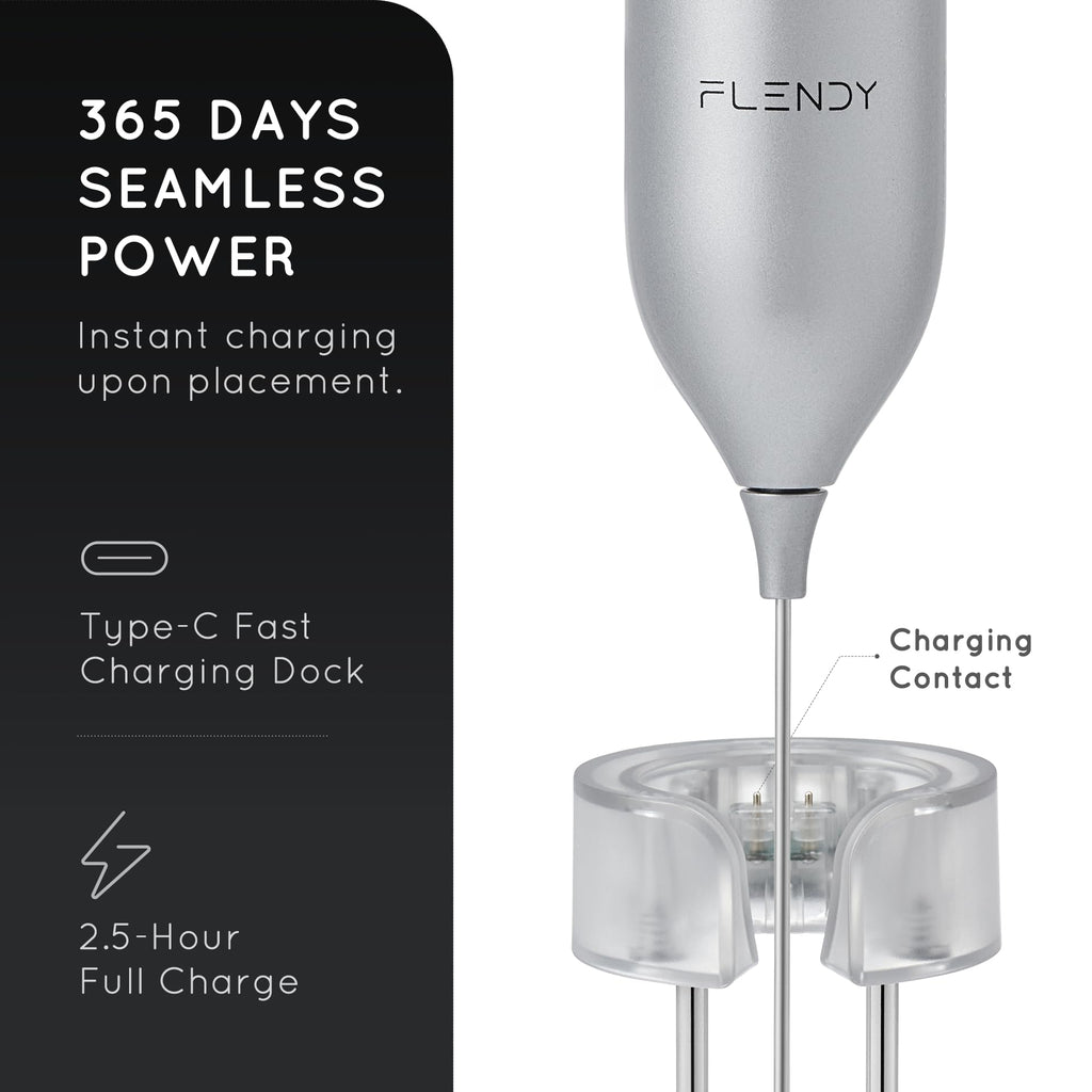 Flendy Rechargeable Milk Frother Handheld, Coffee Frother Handheld with USB-C Charging Stand, Electric Drink Mixer Handheld, Mini Electric Whisk Frother for Coffee, Matcha, etc