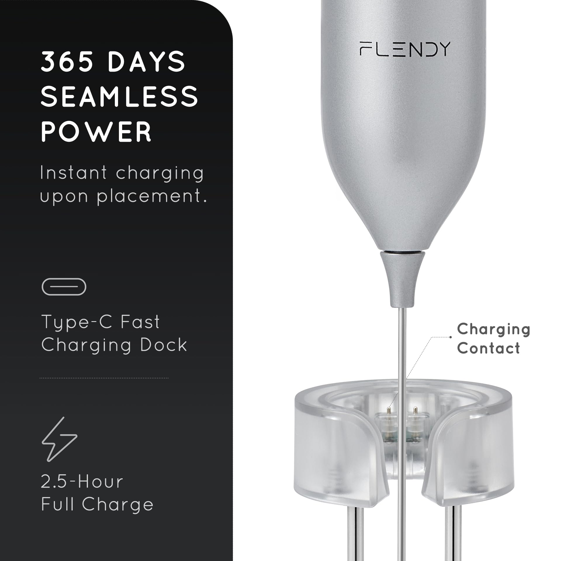 Flendy Rechargeable Milk Frother Handheld, Coffee Frother Handheld with USB-C Charging Stand, Electric Drink Mixer Handheld, Mini Electric Whisk Frother for Coffee, Matcha, etc
