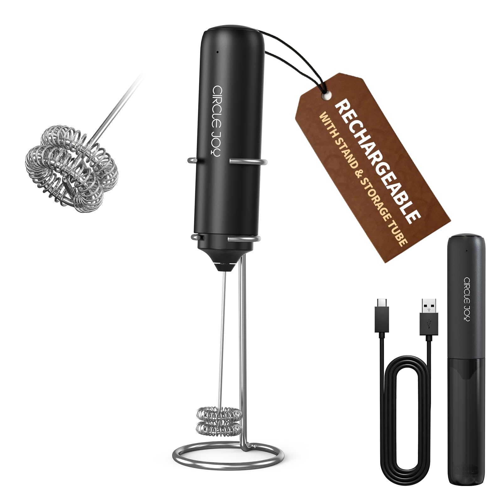 CIRCLE JOY Rechargeable Milk Frother Hanheld, Dual Coil Whisk Head Electric Coffee Frother, Portable Hand Frother Wand Drink Mixer for Matcha Lattes Cappuccino, Kitchen Gifts, Black