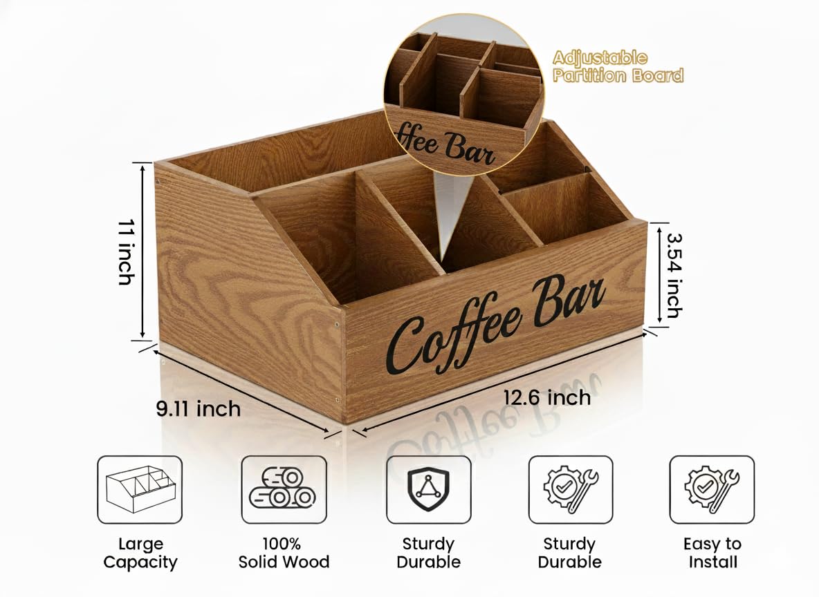 Coffee Station Organizer for Countertop – Wooden Coffee Bar Organizer with Adjustable Dividers,Holds K Cup Pod & syrup bottles, for Kitchen, Office, or Bar and Tea Station, Black