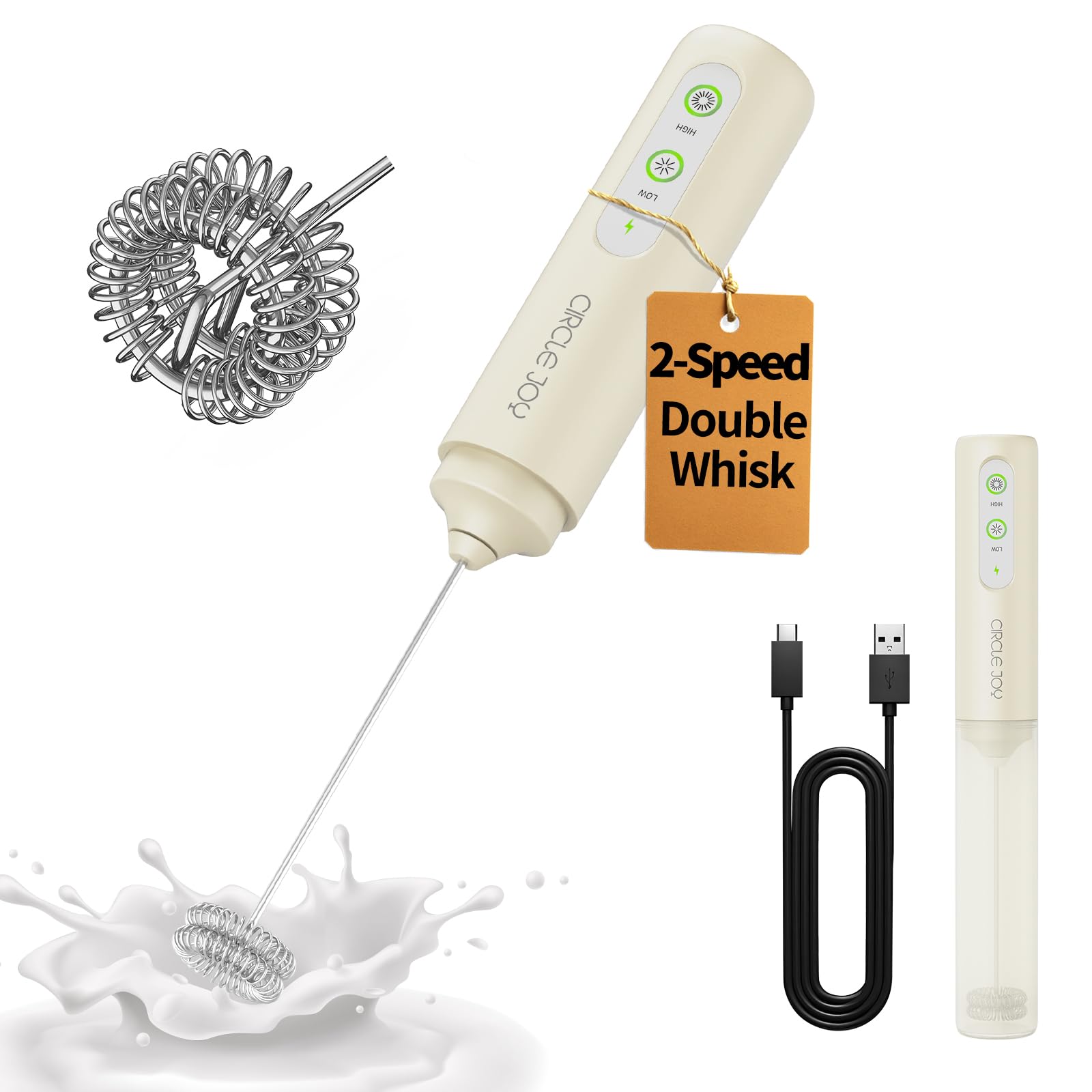 CIRCLE JOY Rechargeable Milk Frother Hanheld, Dual Coil Whisk Head Electric Coffee Frother, Portable Hand Frother Wand Drink Mixer for Matcha Lattes Cappuccino, Kitchen Gifts, Black