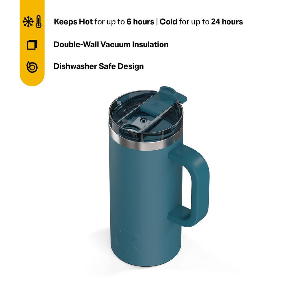 RTIC 20oz Road Trip Travel Mug with Lid and Handle, Ceramic Lined, Insulated, Stainless Steel, Metal, Double Wall Vacuum-Insulation, Portable Coffee, Tea Cup for Hot and Cold Drink, Black