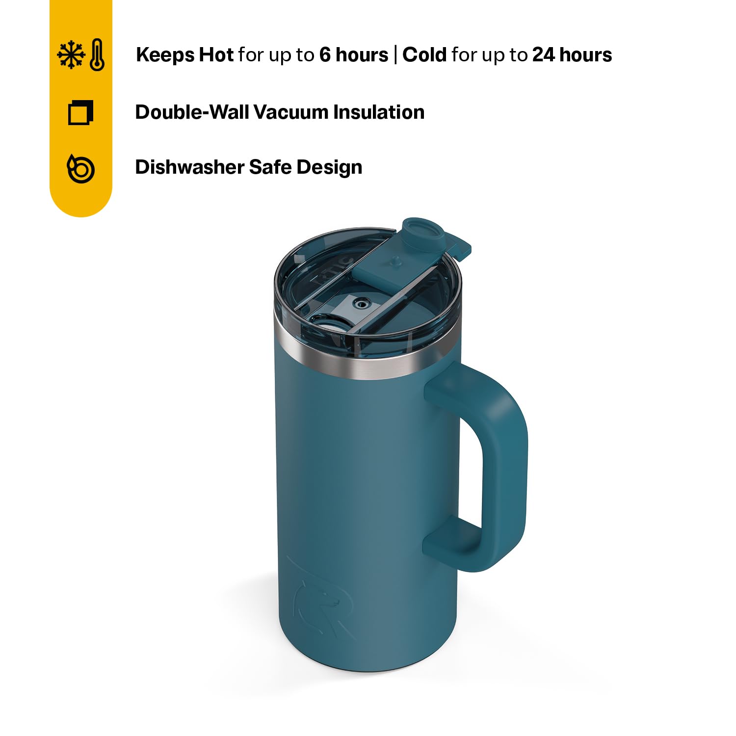 RTIC 20oz Road Trip Travel Mug with Lid and Handle, Ceramic Lined, Insulated, Stainless Steel, Metal, Double Wall Vacuum-Insulation, Portable Coffee, Tea Cup for Hot and Cold Drink, Black