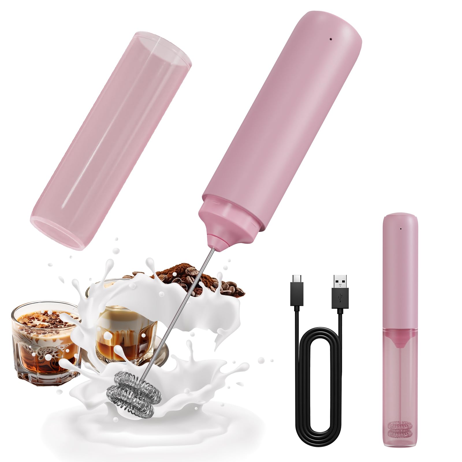 CIRCLE JOY Rechargeable Milk Frother Hanheld, Dual Coil Whisk Head Electric Coffee Frother, Portable Hand Frother Wand Drink Mixer for Matcha Lattes Cappuccino, Kitchen Gifts, Black