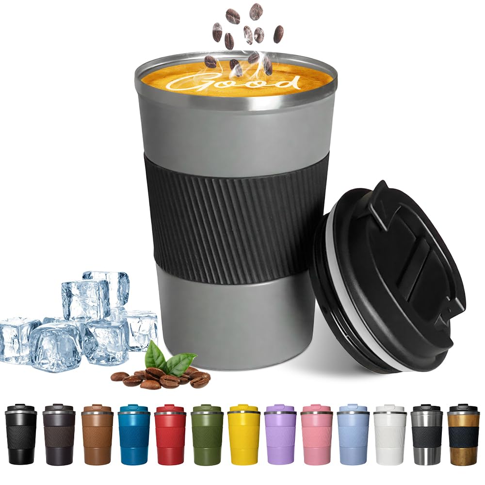 YINBAOGE Insulated Travel Coffee Mug, Spill & Leak Proof, Portable To Go Camping Stainless Steel Coffee Tumbler, Reusable Thermal Coffee Cup with Lid for Hot & Cold Drinks (Black, 12 OZ)