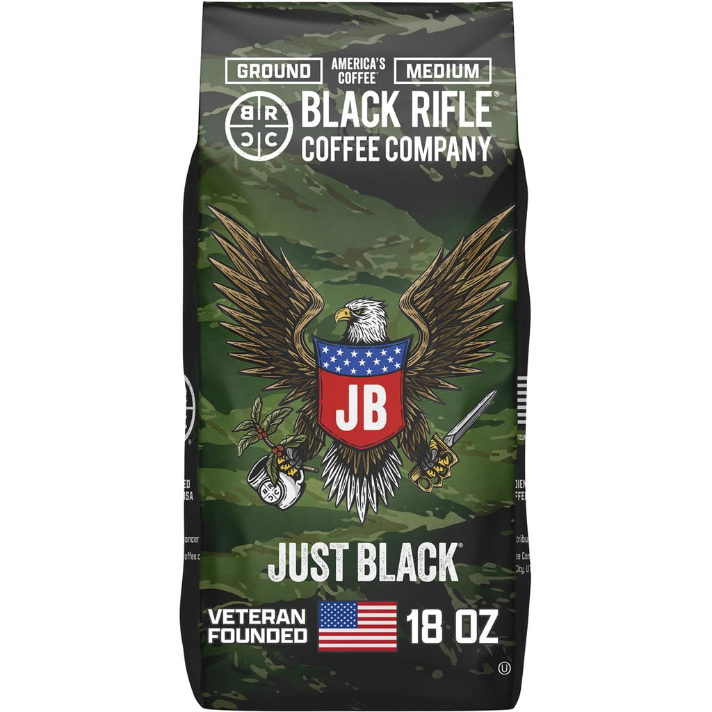 Black Rifle Coffee Company Just Black, 18oz Bag, Ground Coffee Medium Roast - Roasted Blend Made from Arabica Beans - Colombian & Brazilian Beans - Veteran Founded & American Made