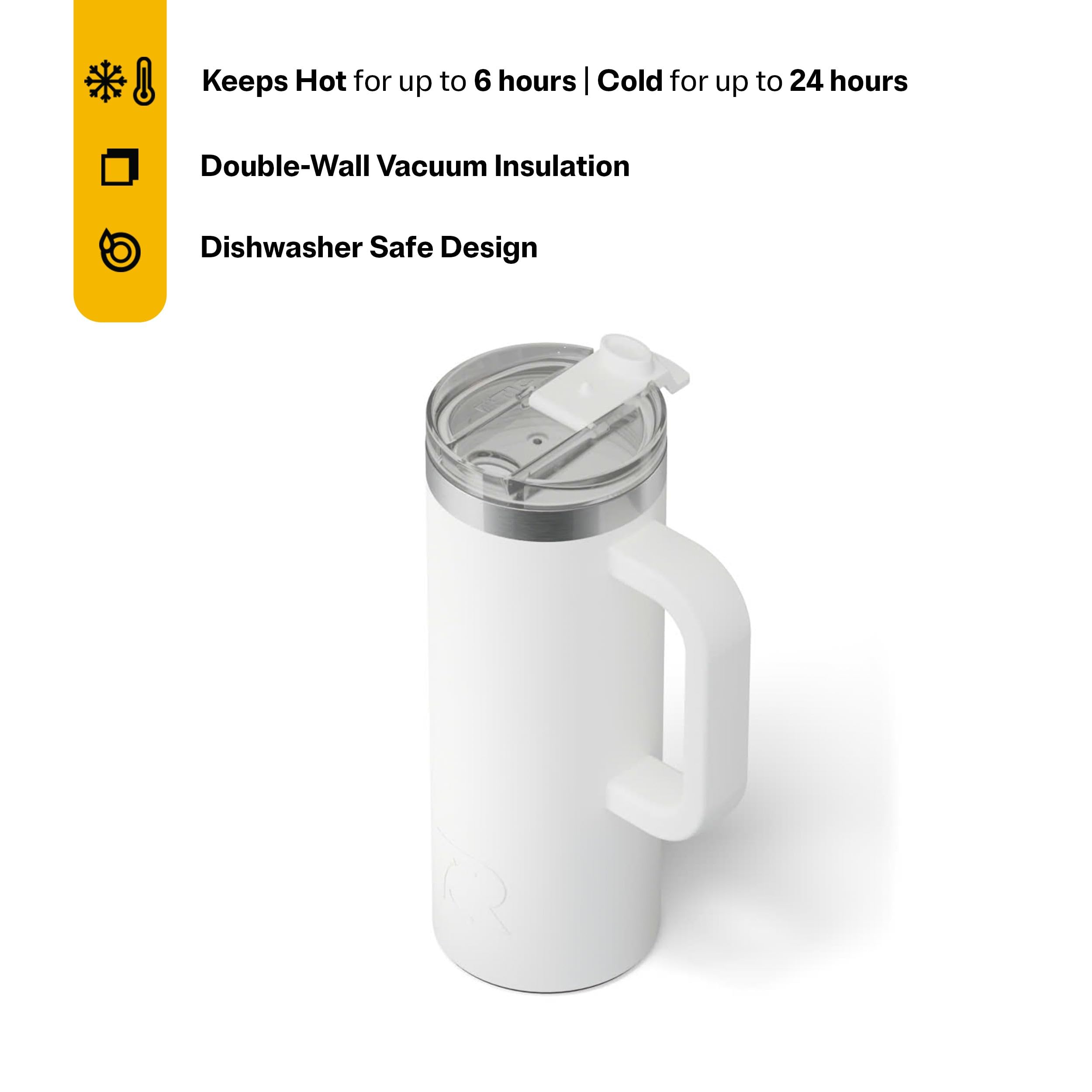 RTIC 20oz Road Trip Travel Mug with Lid and Handle, Ceramic Lined, Insulated, Stainless Steel, Metal, Double Wall Vacuum-Insulation, Portable Coffee, Tea Cup for Hot and Cold Drink, Black