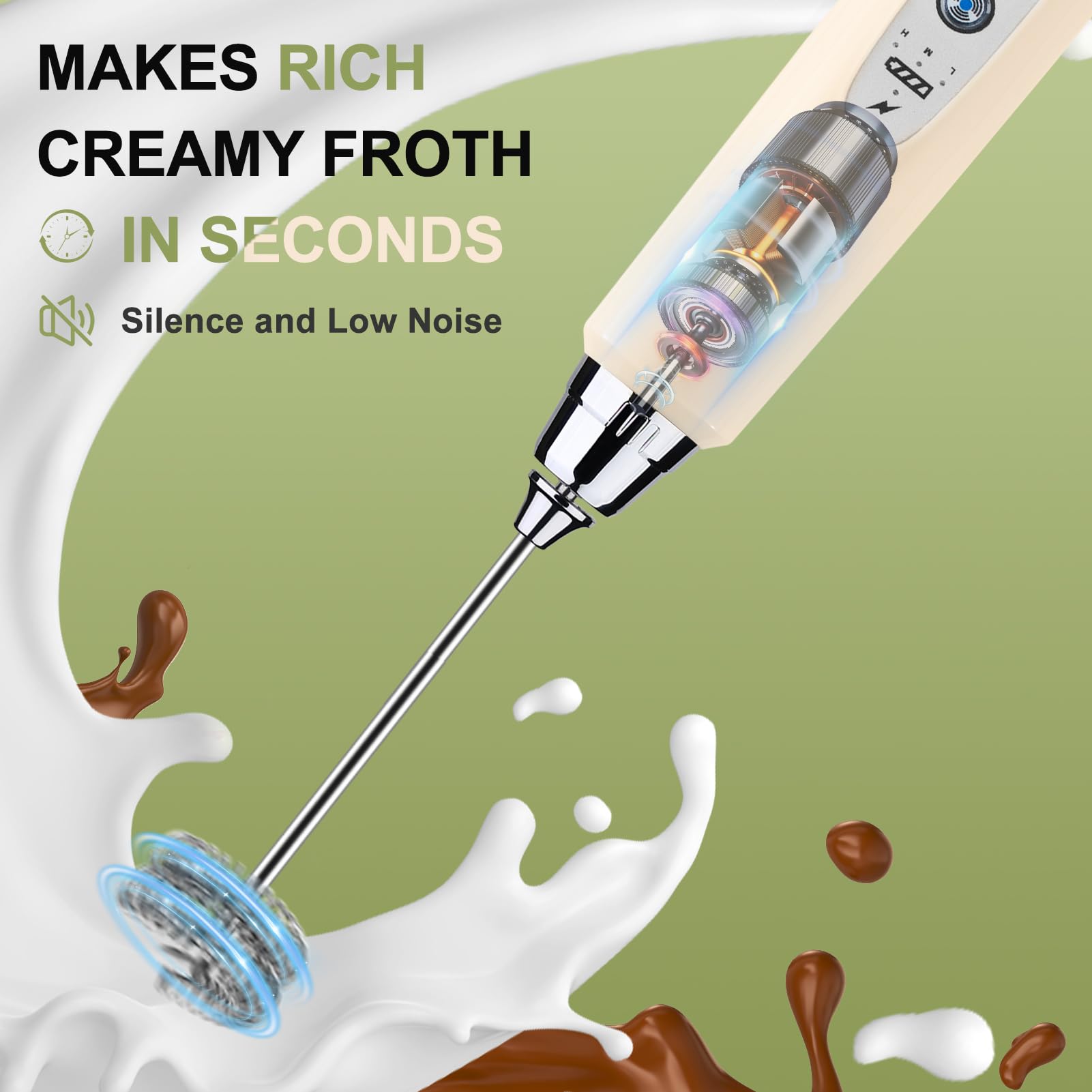 YUSWKO Black Handheld Milk Frother Wand for Coffee, Rechargeable Electric Whisk with 3 Heads 3 Speeds Drink Mixer Coffee Frother For Latte, Cappuccino, Hot Chocolate, Egg