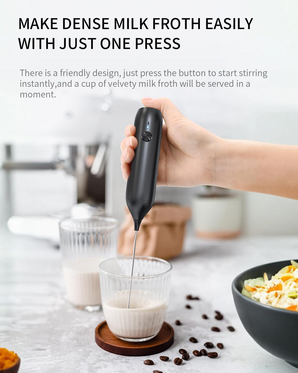 CIRCLE JOY Rechargeable Milk Frother Hanheld, Dual Coil Whisk Head Electric Coffee Frother, Portable Hand Frother Wand Drink Mixer for Matcha Lattes Cappuccino, Kitchen Gifts, Black