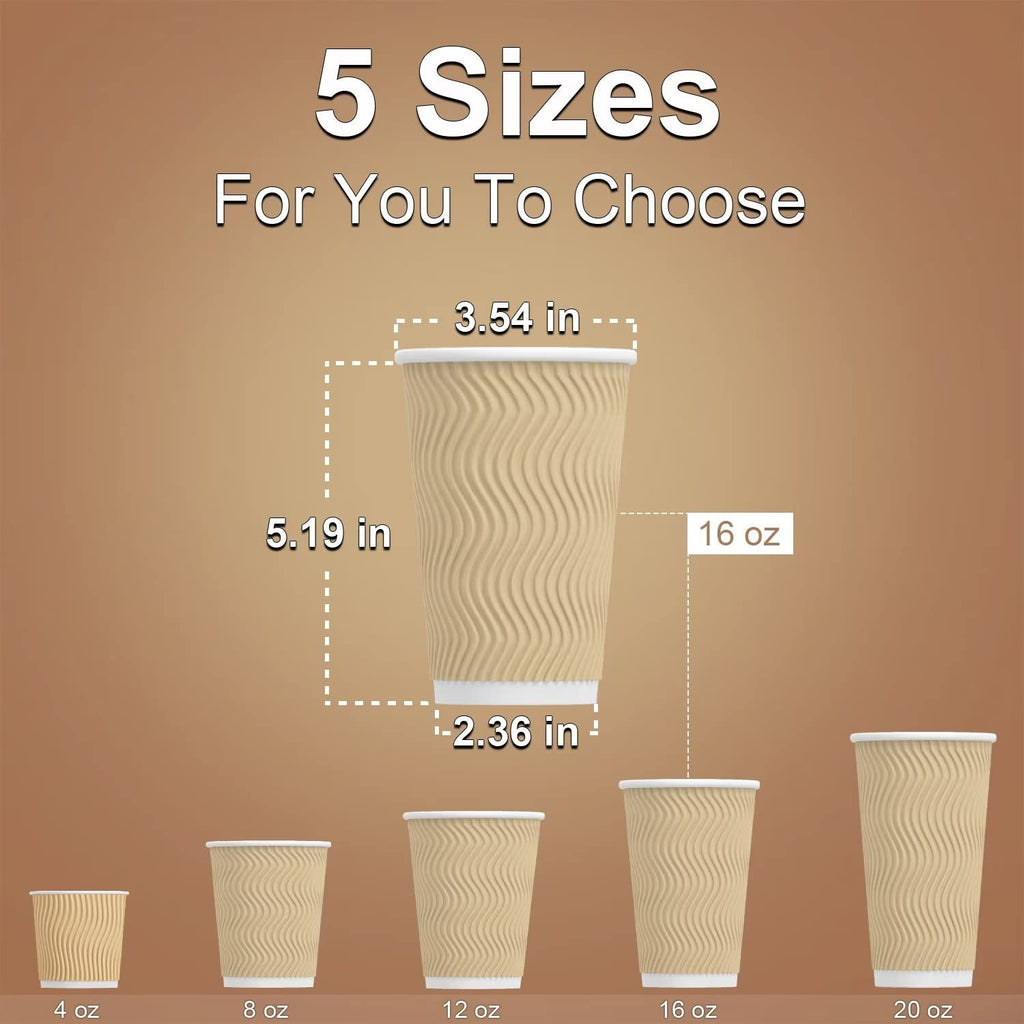 Hot Paper Cups_12 oz Disposable Insulated Corrugated Sleeve Ripple Wall Paper Cup 100 pcs,12oz Cups for Drink，Hot Coffee Cups (Brown)