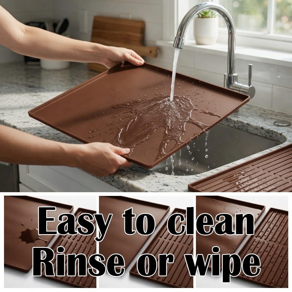 Silicone Coffee Bar Mat 24 x 16 in with Drying Tray, Classic Black | 24 x 16 in food-grade silicone mat for home/coffee bar; removable tray, raised rim, smooth base adds grip, heat insulation