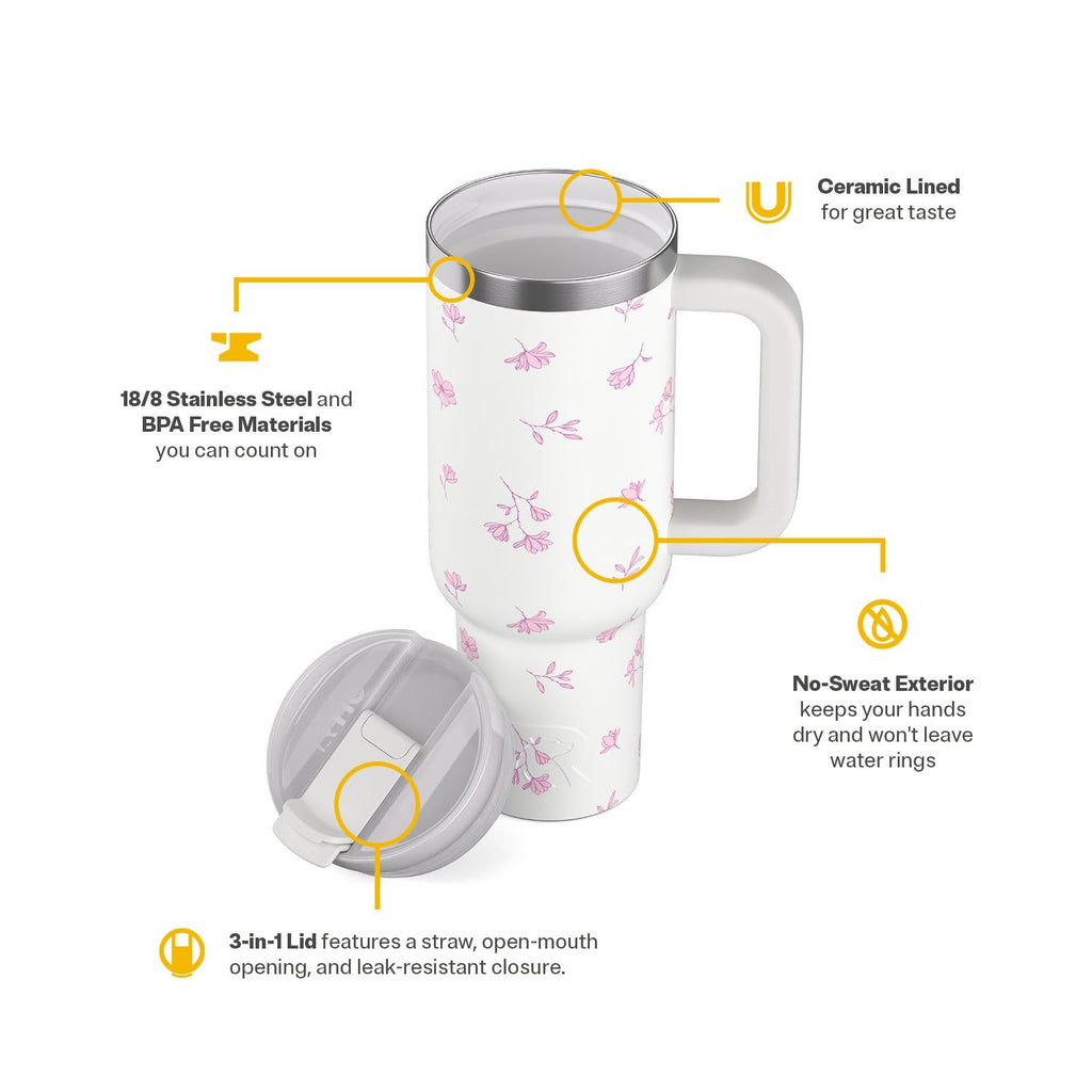 RTIC 40 oz Road Trip Tumbler Double-Walled Cermaic Lined Insulated Stainless Steel Portable Travel Coffee Mug Cup with Lid, Handle and Straw, Trailblazer