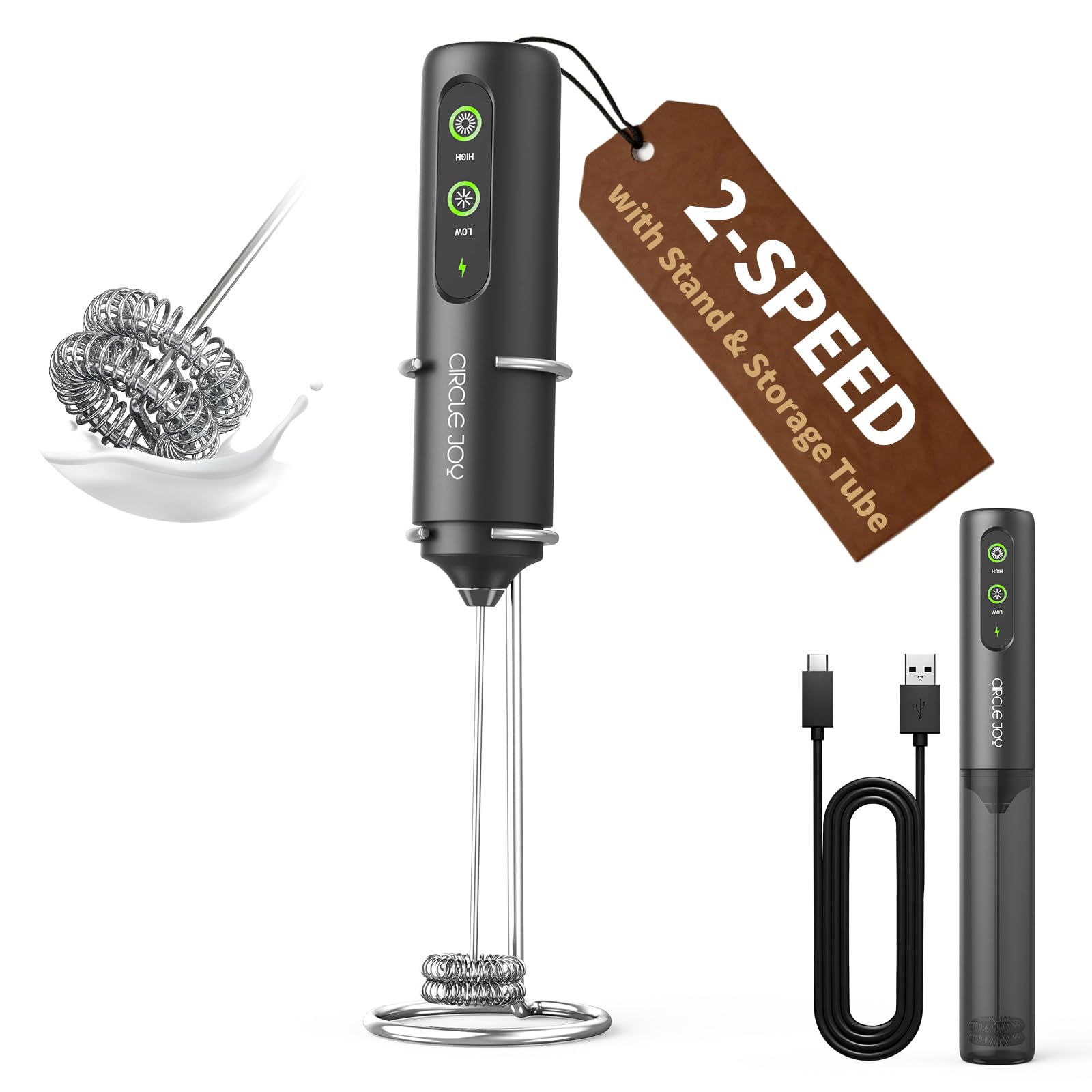 CIRCLE JOY Rechargeable Milk Frother Hanheld, Dual Coil Whisk Head Electric Coffee Frother, Portable Hand Frother Wand Drink Mixer for Matcha Lattes Cappuccino, Kitchen Gifts, Black