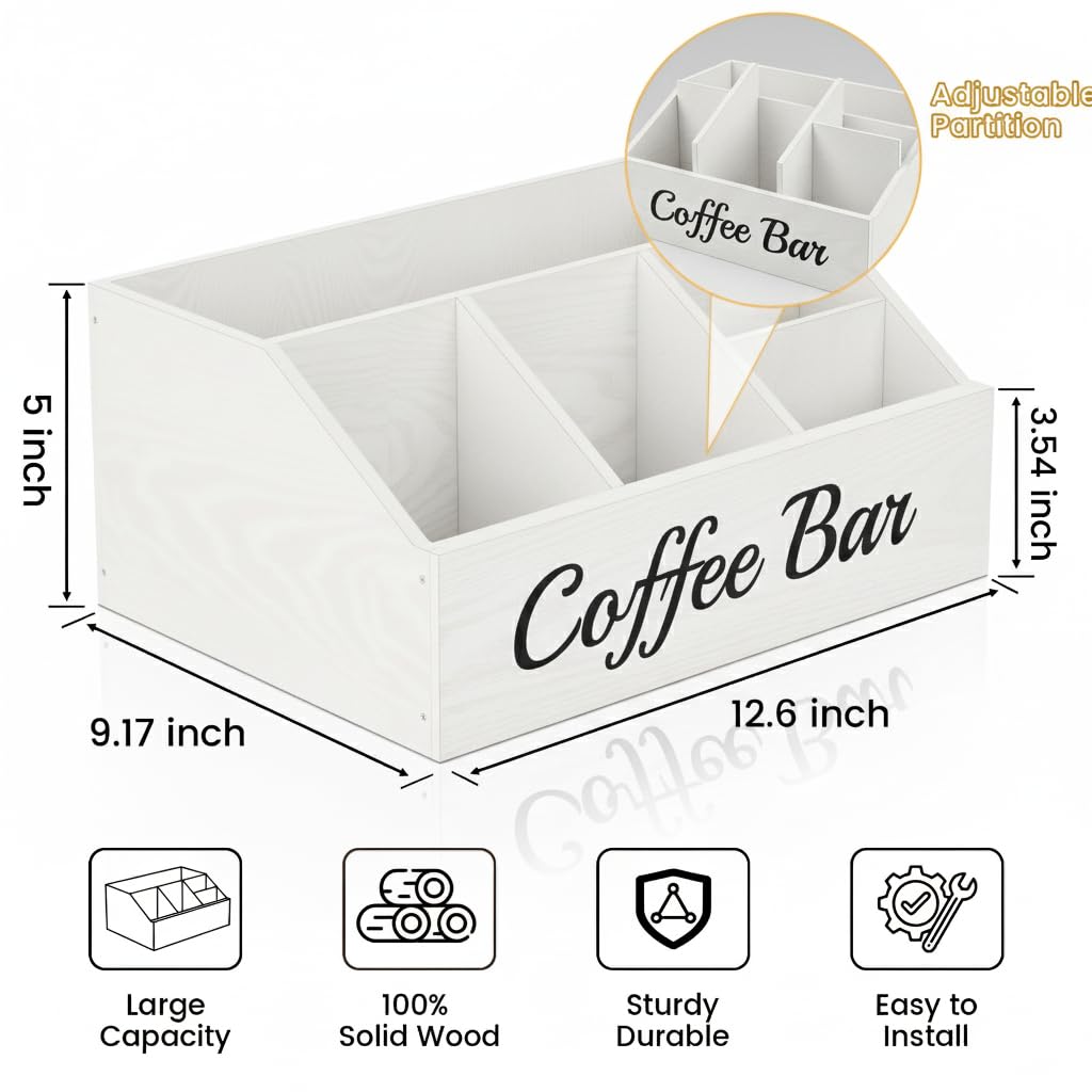Coffee Station Organizer for Countertop – Wooden Coffee Bar Organizer with Adjustable Dividers,Holds K Cup Pod & syrup bottles, for Kitchen, Office, or Bar and Tea Station, Black