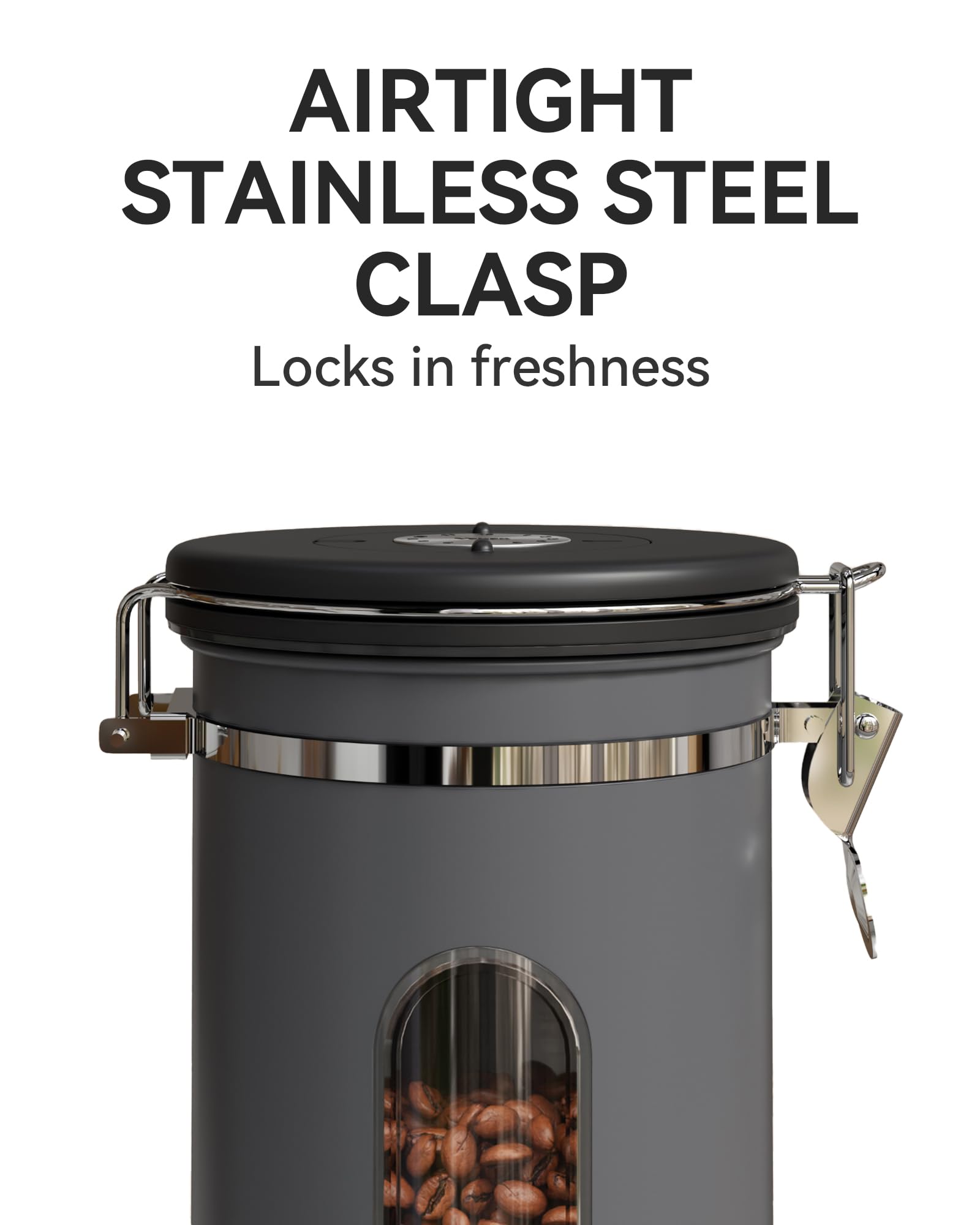 Veken Coffee Canister with Window,Airtight Stainless Steel Pantry Container,Home Kitchen Food Storage Organizers for Ground,Beans,Espresso,Rice,Tea,Sugar,Cereal, Decor,Bar Accessories,Gifts,22OZ,Black