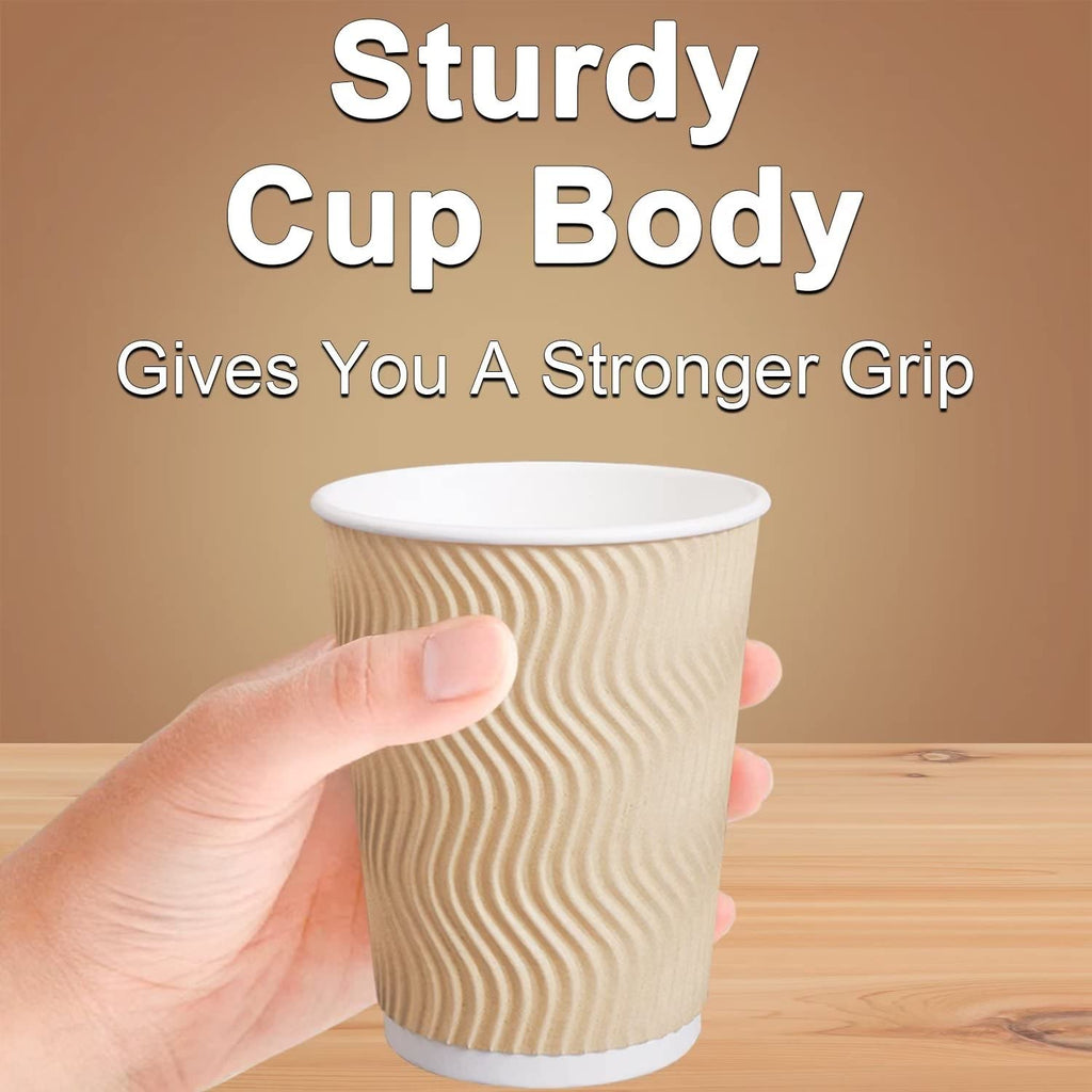 Hot Paper Cups_12 oz Disposable Insulated Corrugated Sleeve Ripple Wall Paper Cup 100 pcs,12oz Cups for Drink，Hot Coffee Cups (Brown)