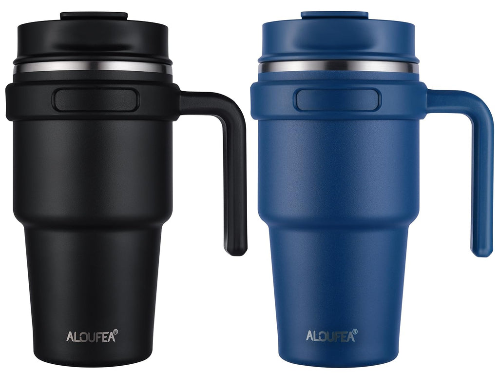 20 oz Insulated Coffee Mug Tumbler with Handle, Stainless Steel Travel Mug Tumbler with Lid and Straw,Double Wall Vacuum Leak Proof Ice Coffee Thermal Cup, Black