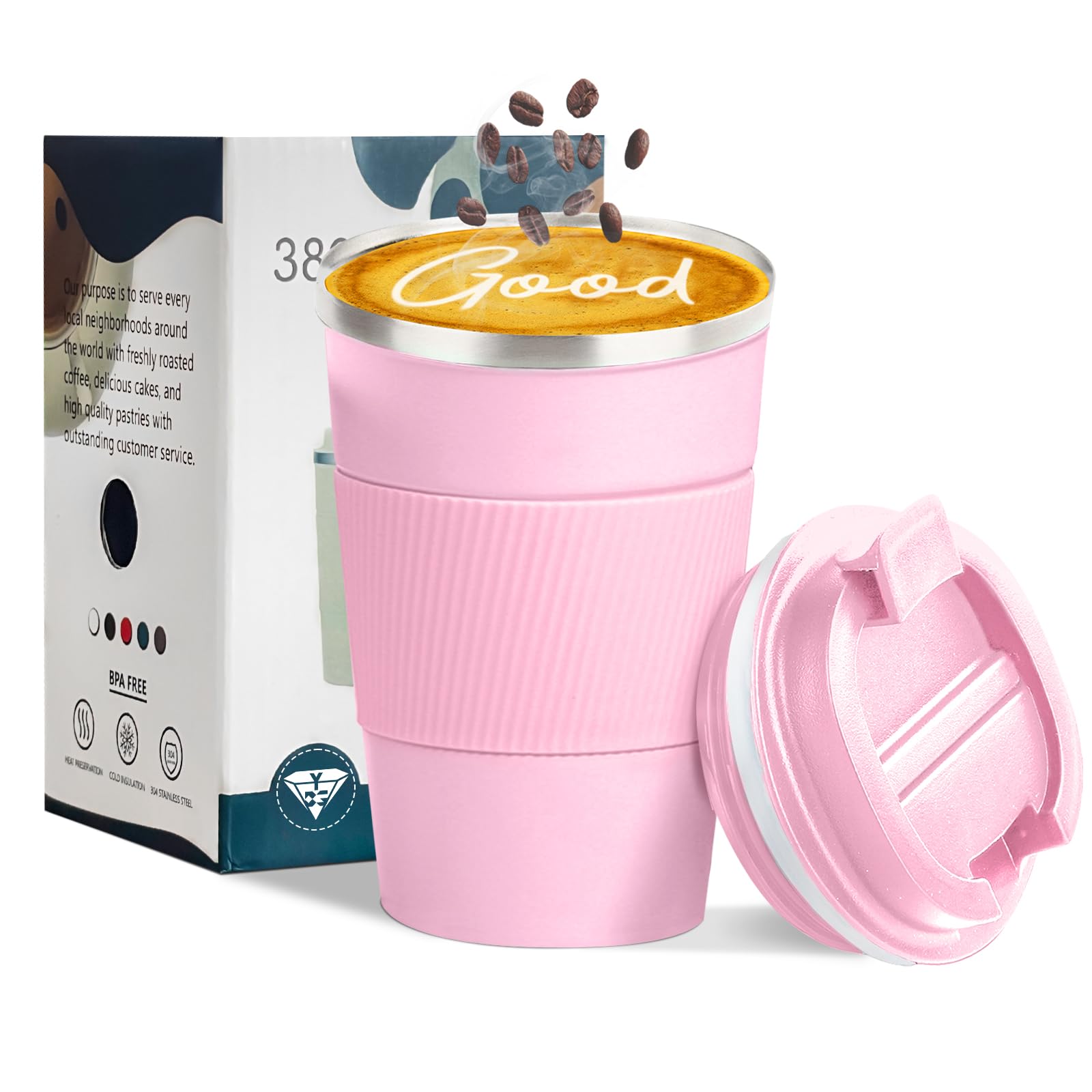 YINBAOGE Insulated Travel Coffee Mug, Spill & Leak Proof, Portable To Go Camping Stainless Steel Coffee Tumbler, Reusable Thermal Coffee Cup with Lid for Hot & Cold Drinks (Black, 12 OZ)