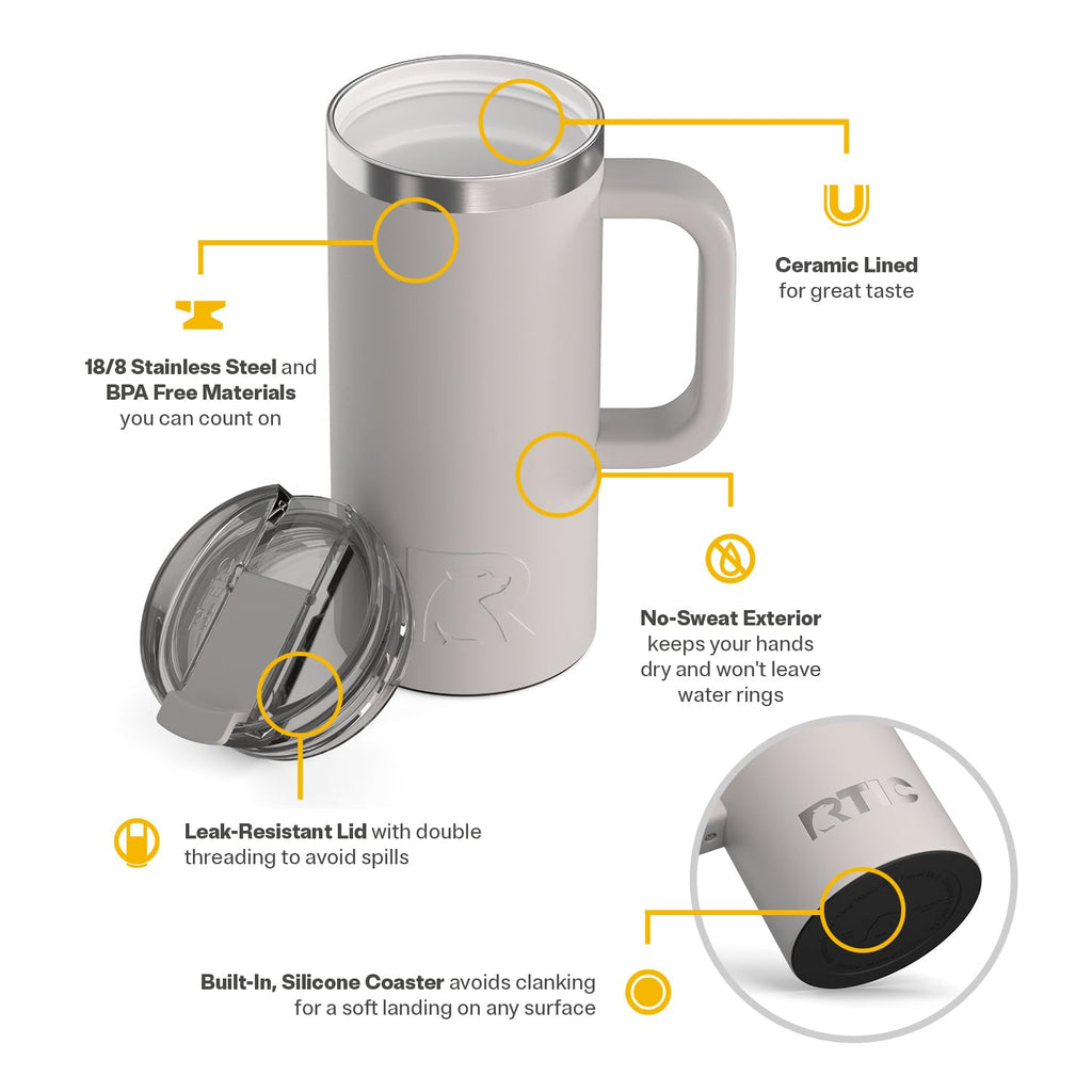 RTIC 20oz Road Trip Travel Mug with Lid and Handle, Ceramic Lined, Insulated, Stainless Steel, Metal, Double Wall Vacuum-Insulation, Portable Coffee, Tea Cup for Hot and Cold Drink, Black